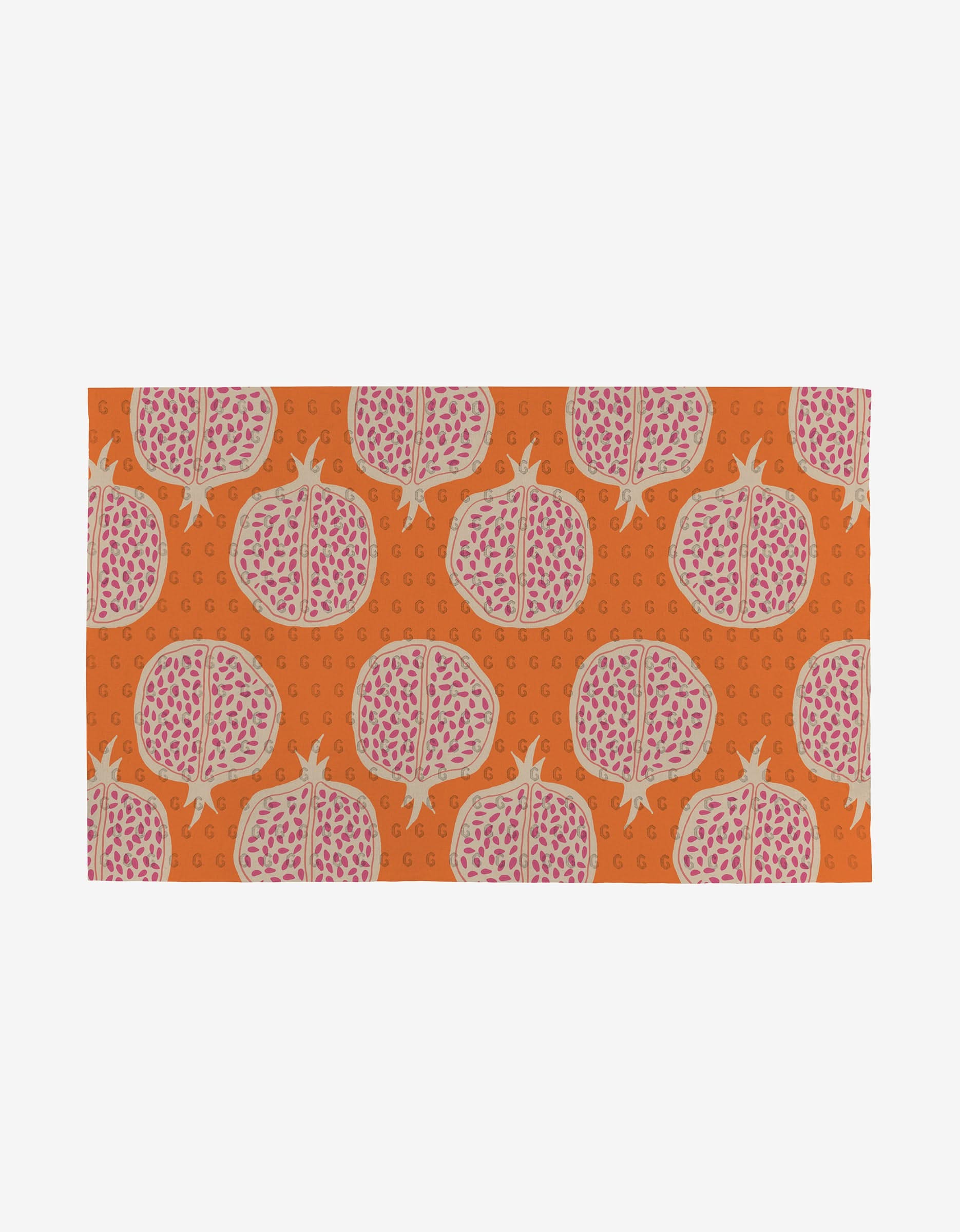 The Tropical Fruit Not Paper Towel by Lizzie Clark is an orange rectangle with evenly spaced whole and halved pomegranates, pink seeds, and beige outlines. Its made from environmentally friendly materials.