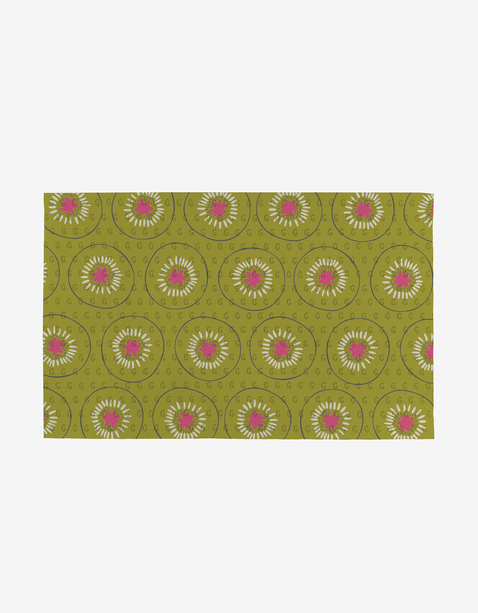 The Tropical Fruit mat by Lizzie Clark features an olive green background with repeating white and pink circular floral patterns, each bordered by curved lines—an eco-friendly alternative to paper towels.