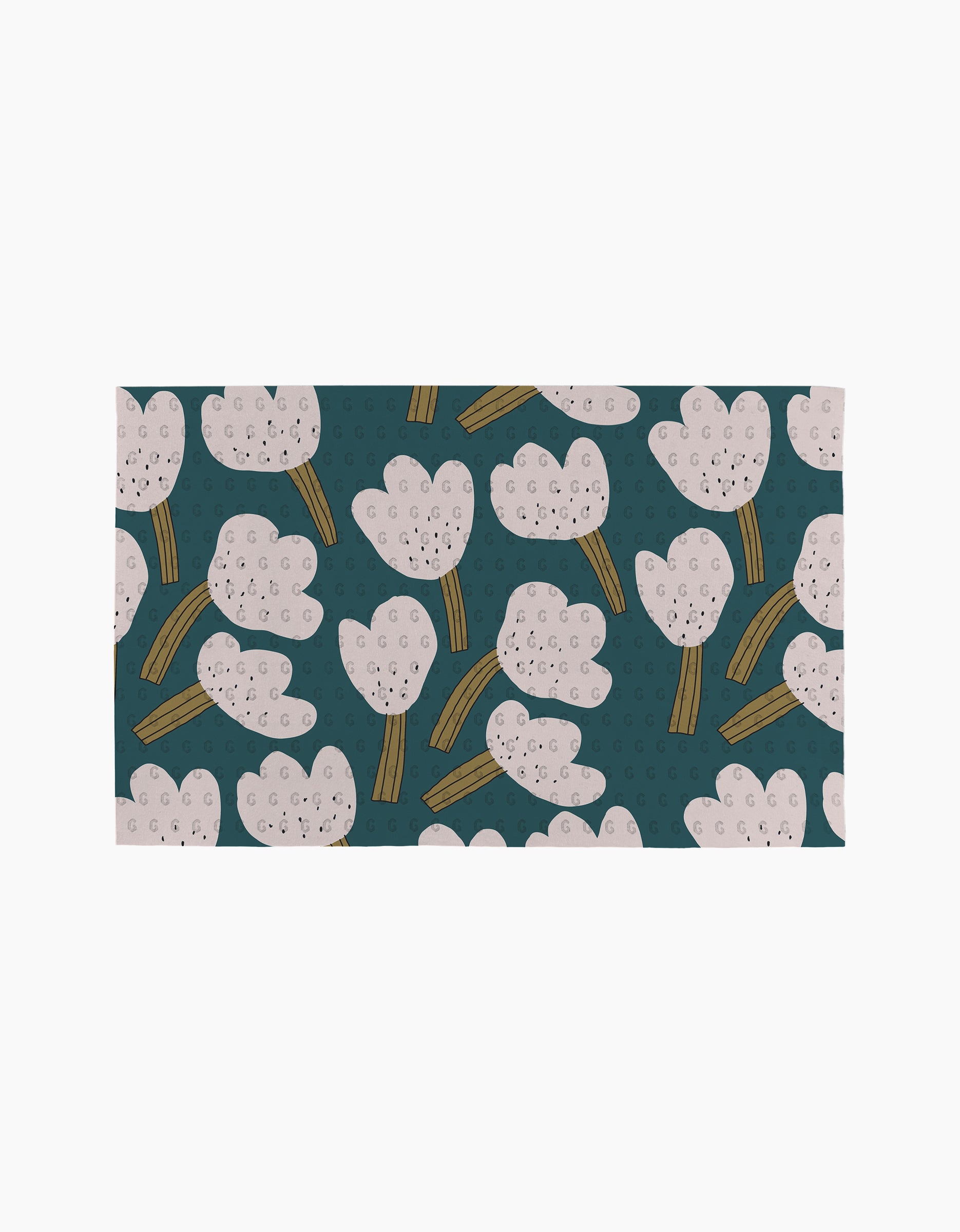 Tulips by Jennifer Bouron is a rectangular mat with stylized white flowers, dotted details, and yellow-green stems on a dark teal background—a chic, eco-friendly paper towel alternative for sustainable style.
