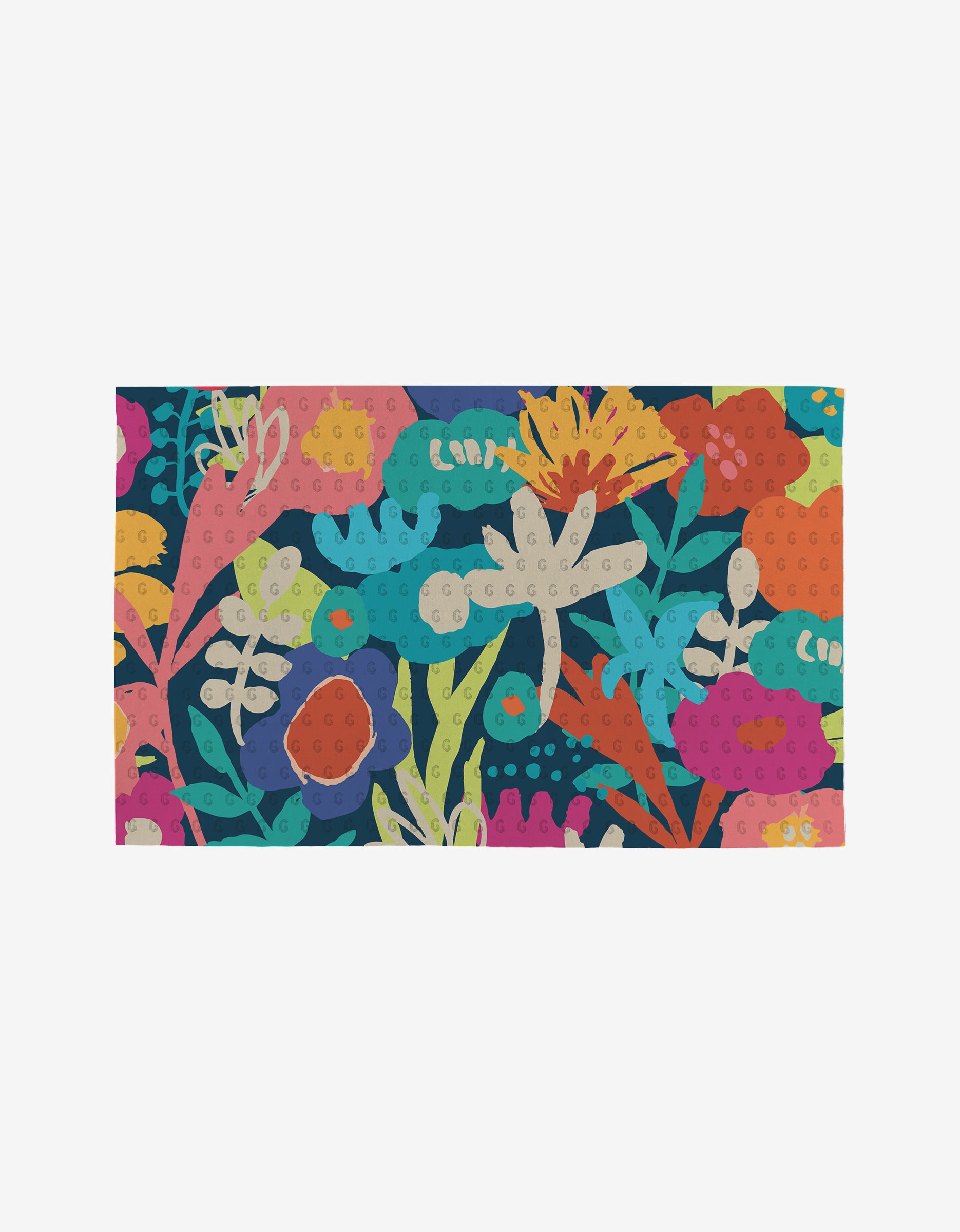 The Sareka Unique “Unique” mat is a colorful rectangular rug with abstract pink, blue, yellow, orange, and green floral patterns on a dark background, crafted from eco-friendly post-consumer recycled materials.