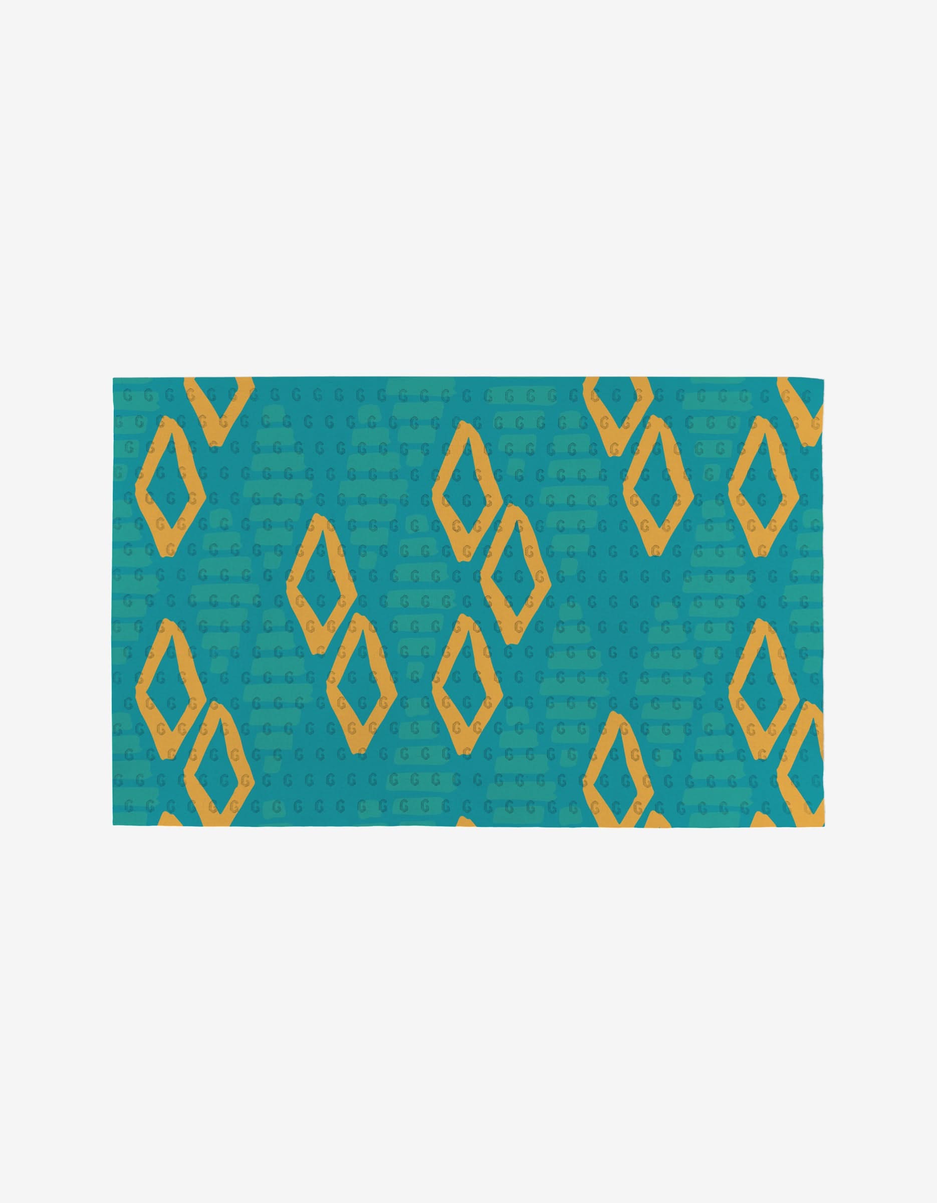 The Sareka Unique Unique mat is rectangular, teal, and features yellow-orange diamonds with circular dots, crafted from eco-friendly post-consumer recycled materials.