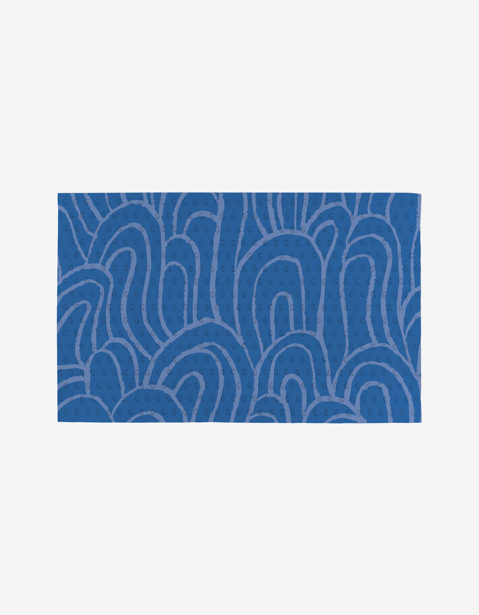 The Sareka Unique Unique towel is a blue rectangle with an abstract pattern of curving lines and small dots in lighter blue on a plain white background, made from eco-friendly post-consumer recycled materials.