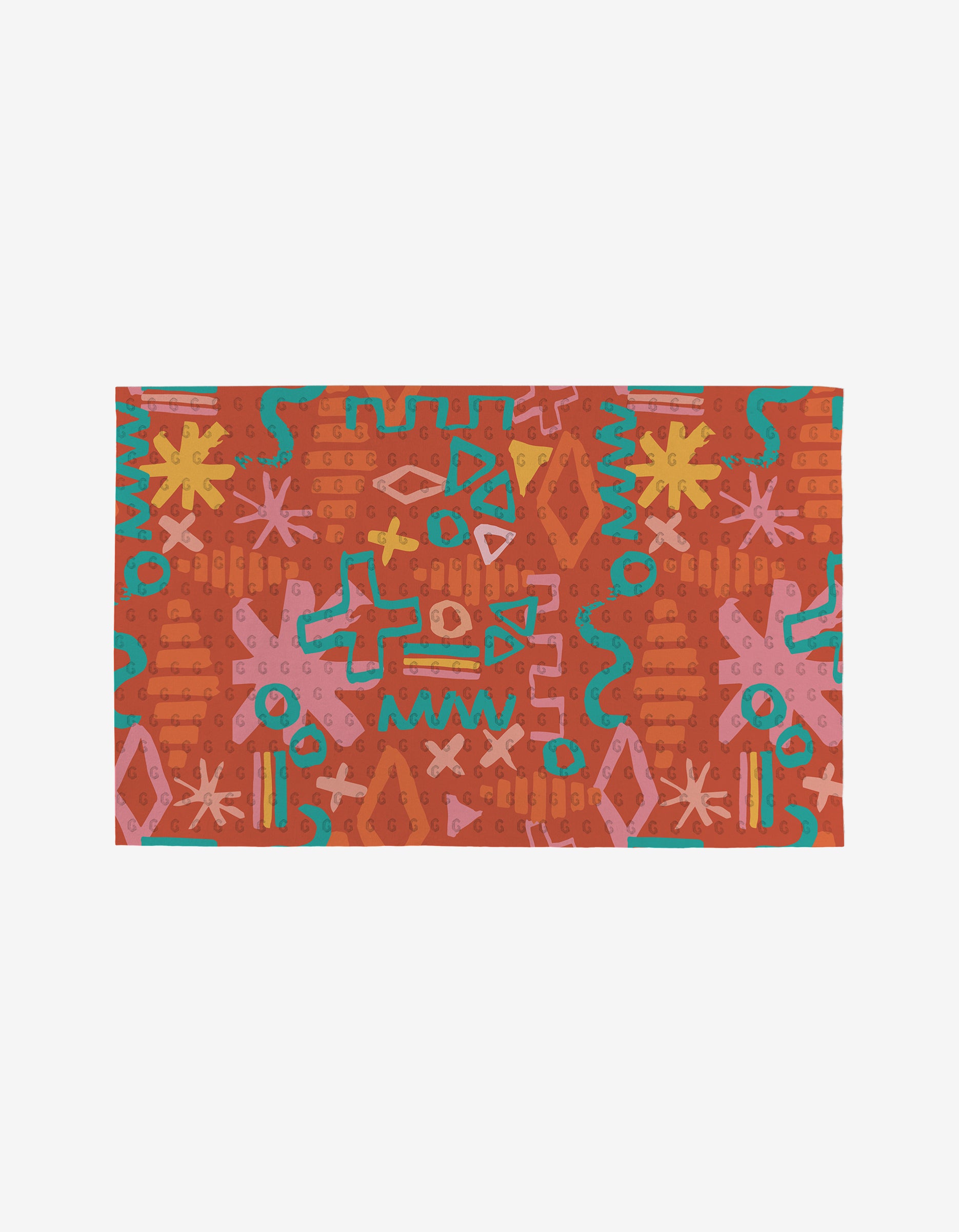 The Sareka Unique Unique rug features a vibrant abstract pattern with geometric shapes in red, orange, pink, yellow, and teal on a light background—crafted from eco-friendly post-consumer recycled materials.
