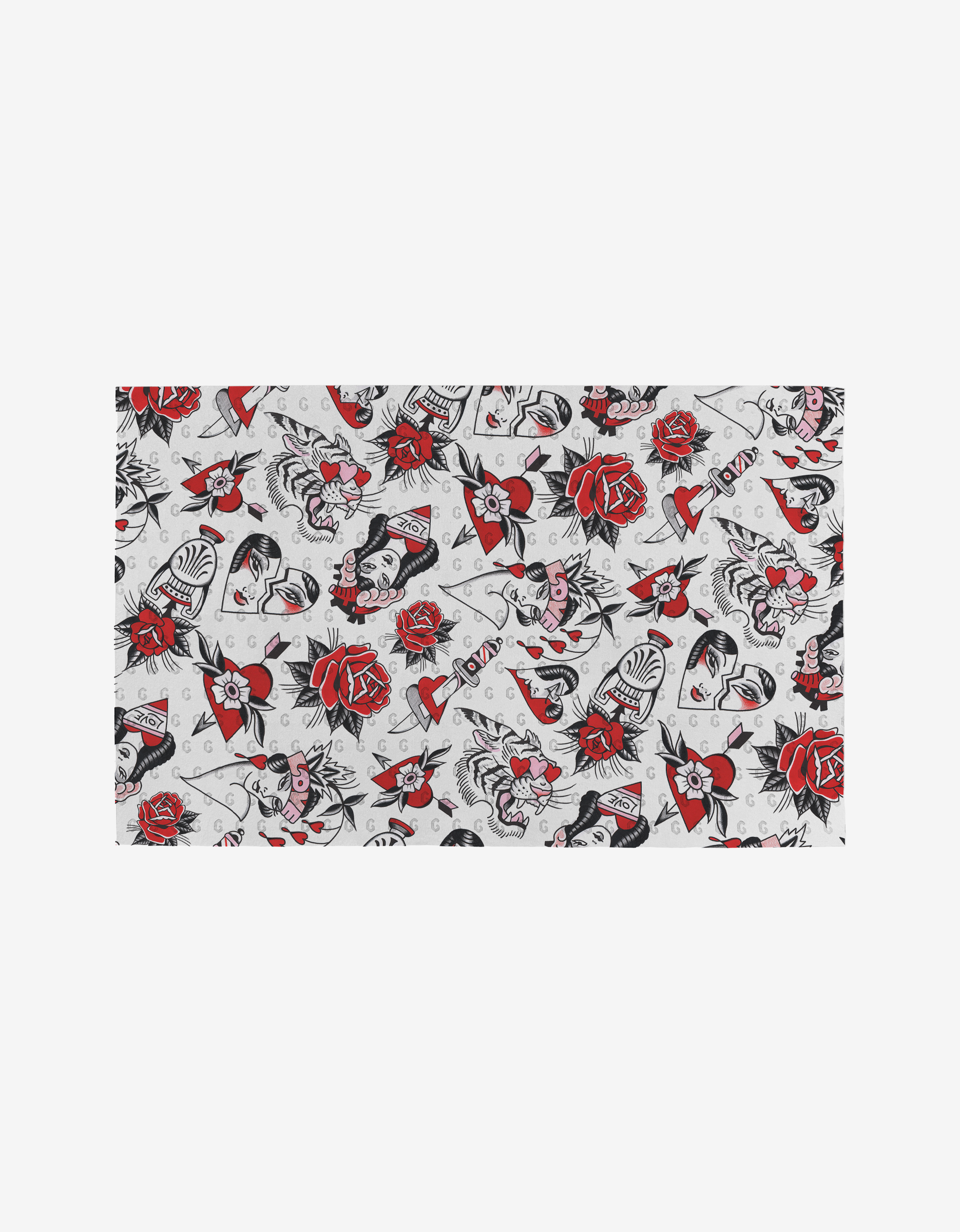 “Valentines Flash” by Cole Strem: Tattoo-style pattern with red roses, daggers, hearts, skulls, swallows, and women’s faces in black and red ink on white—printed on eco-friendly reusable paper towels.