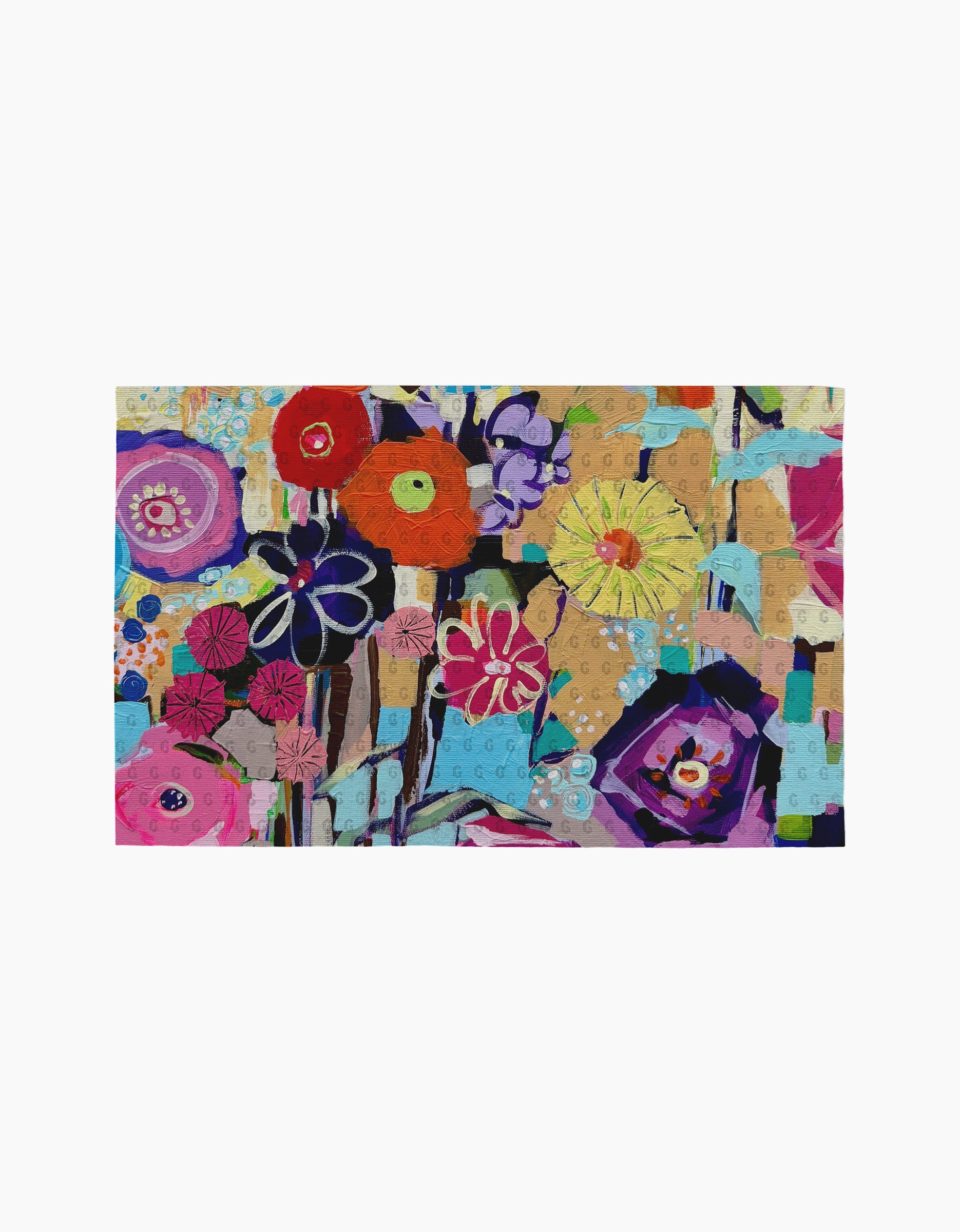 Vera by Ania Zwara Art features a colorful abstract flower painting with bold red, yellow, pink, purple, and blue petals on a vibrant geometric pastel background—perfect for reusable paper towels.