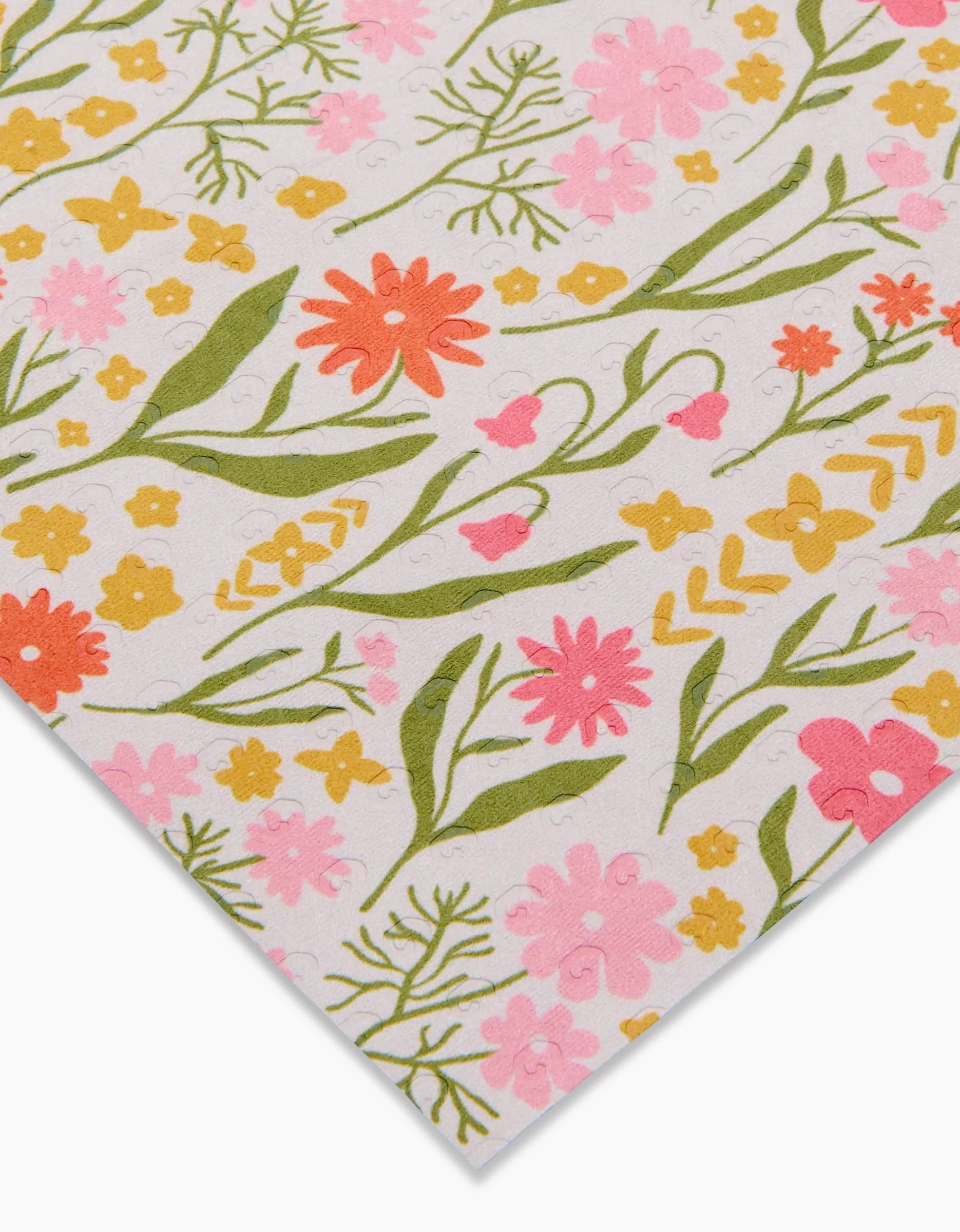 A close-up of Whimsy and Retro by Kayla Ann: floral-patterned, eco-friendly fabric with pink, orange, and yellow flowers on white—ideal for Not Paper Towels.