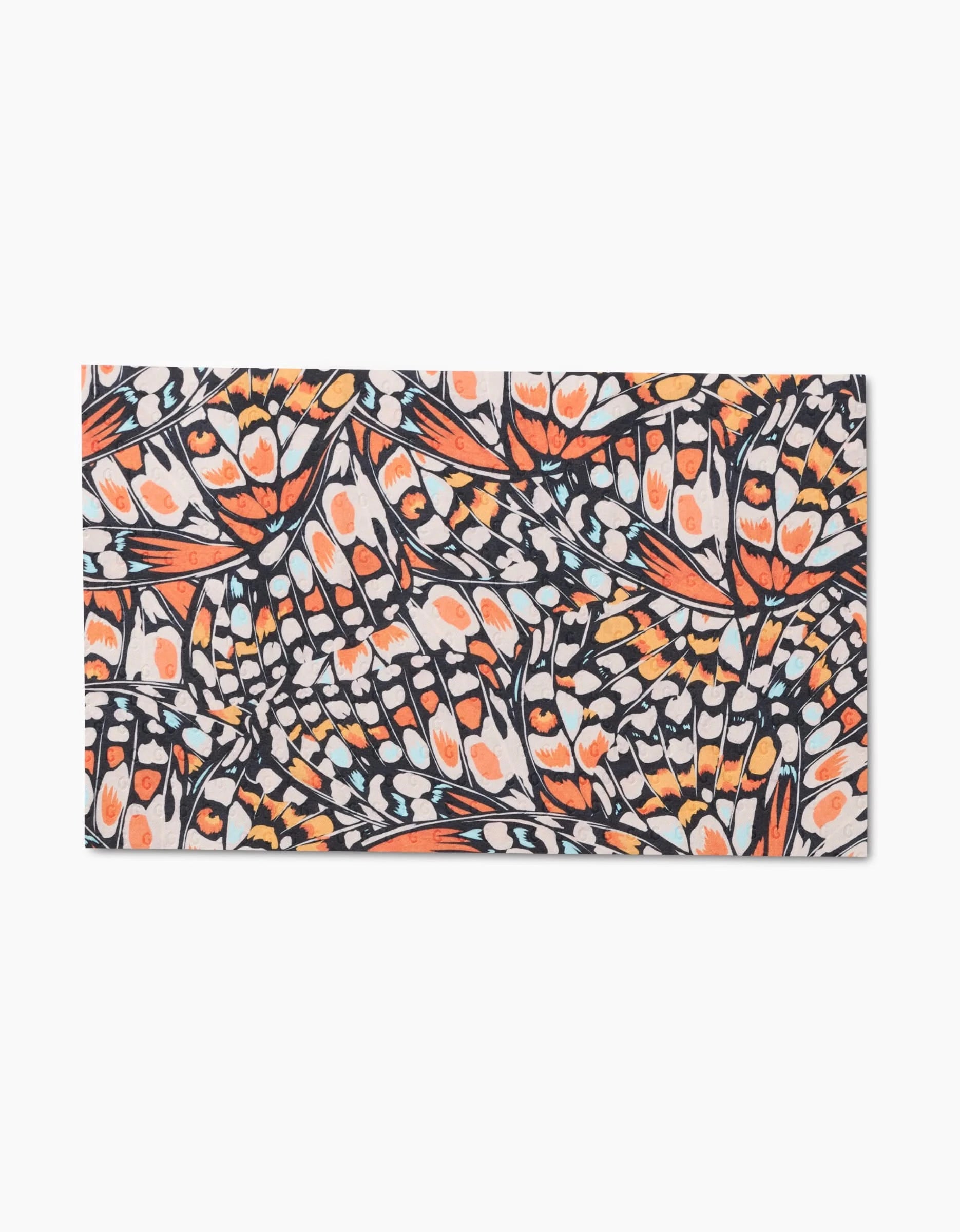 Wings in the Wind by GEOMETRY is an eco-friendly rectangular towel made from post-consumer recycled materials, featuring a dense, colorful abstract butterfly wing pattern in orange, black, white, and blue. Economical and sustainable—not paper towels.