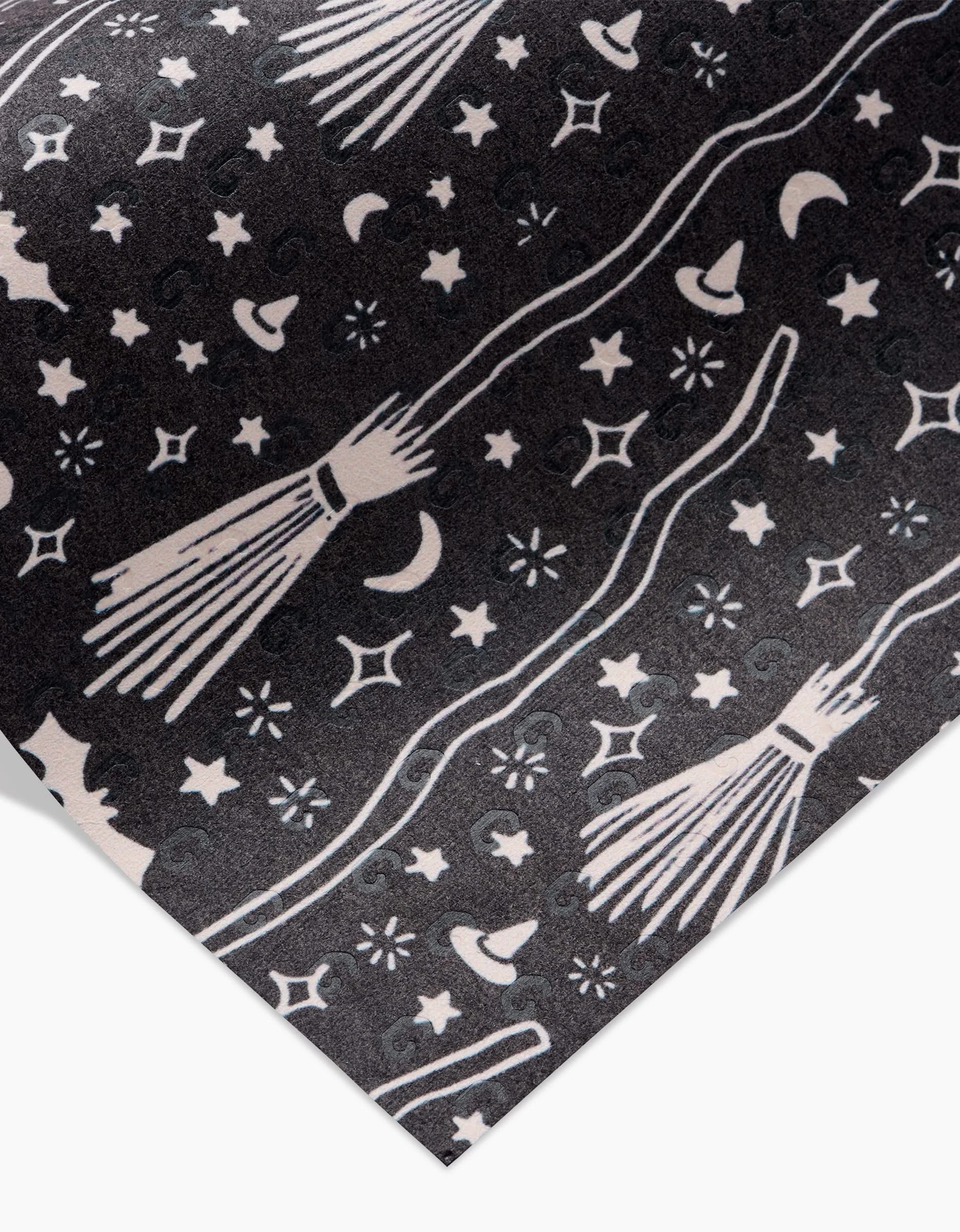Kayla Ann’s “Witches Broom” fabric features white brooms, crescent moons, stars, and hats on a dark background—ideal for eco-friendly kitchen towels or reusable paper towels with a magical vibe.