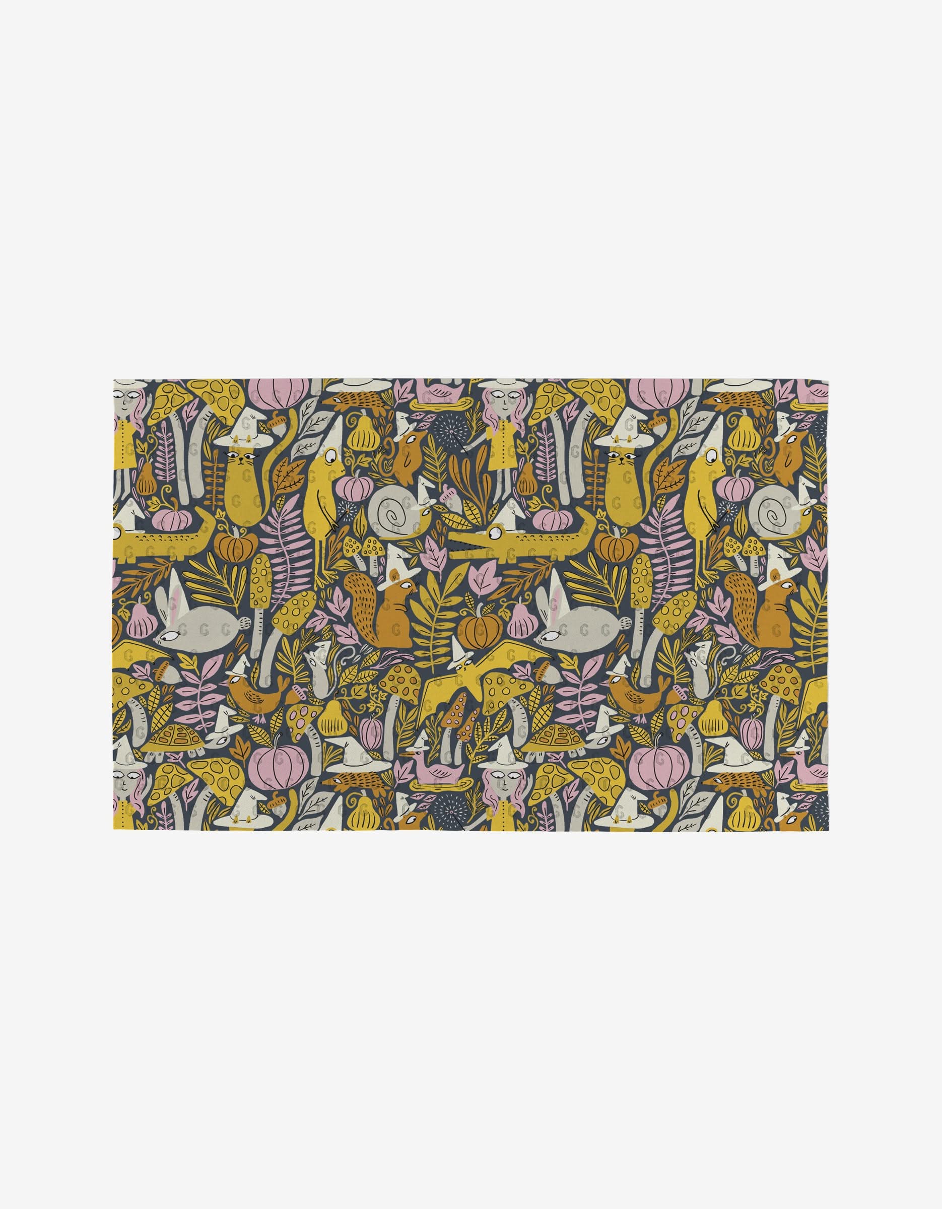 Witchy Season by Amy MacCready: a whimsical seamless pattern of cartoon cats, snails, mushrooms, leaves, and plants in yellow, pink, and gray on white—ideal for eco-friendly reusable paper towels.