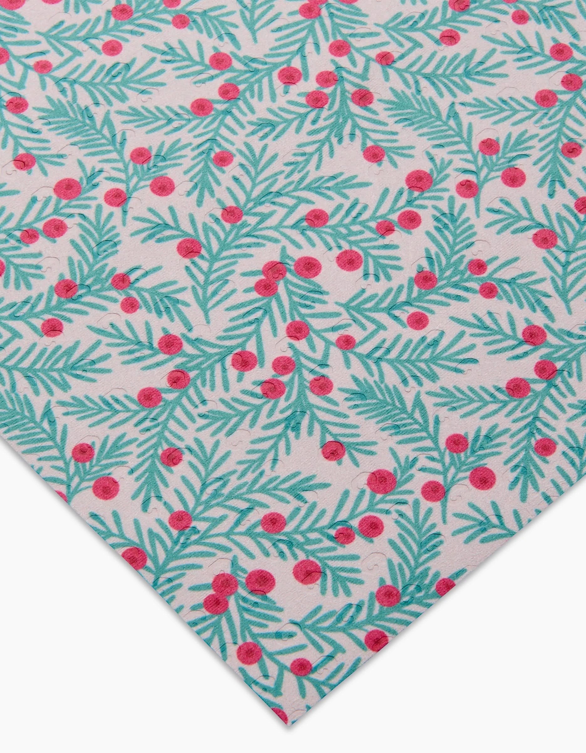 Yew Branches by Sarah Daugherty is a festive fabric featuring teal pine branches and red berries on white—perfect for making eco-friendly reusable paper towels.
