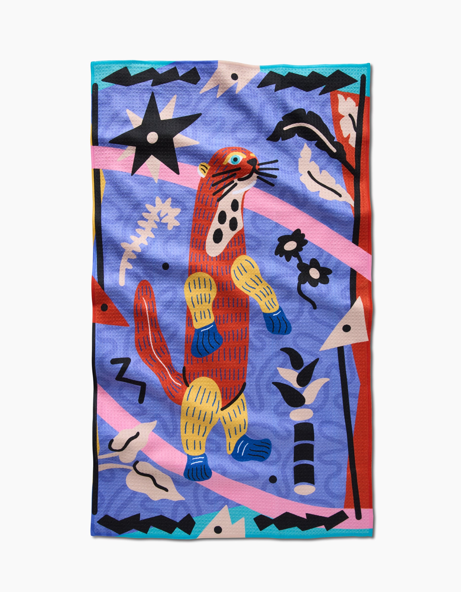 A vibrant, abstract otter illustration with geometric shapes, plants, stars, and bold red, yellow, black, and pink patterns on blue—perfect for the Ariranha tea towel by Camila Leão crafted from recycled materials.
