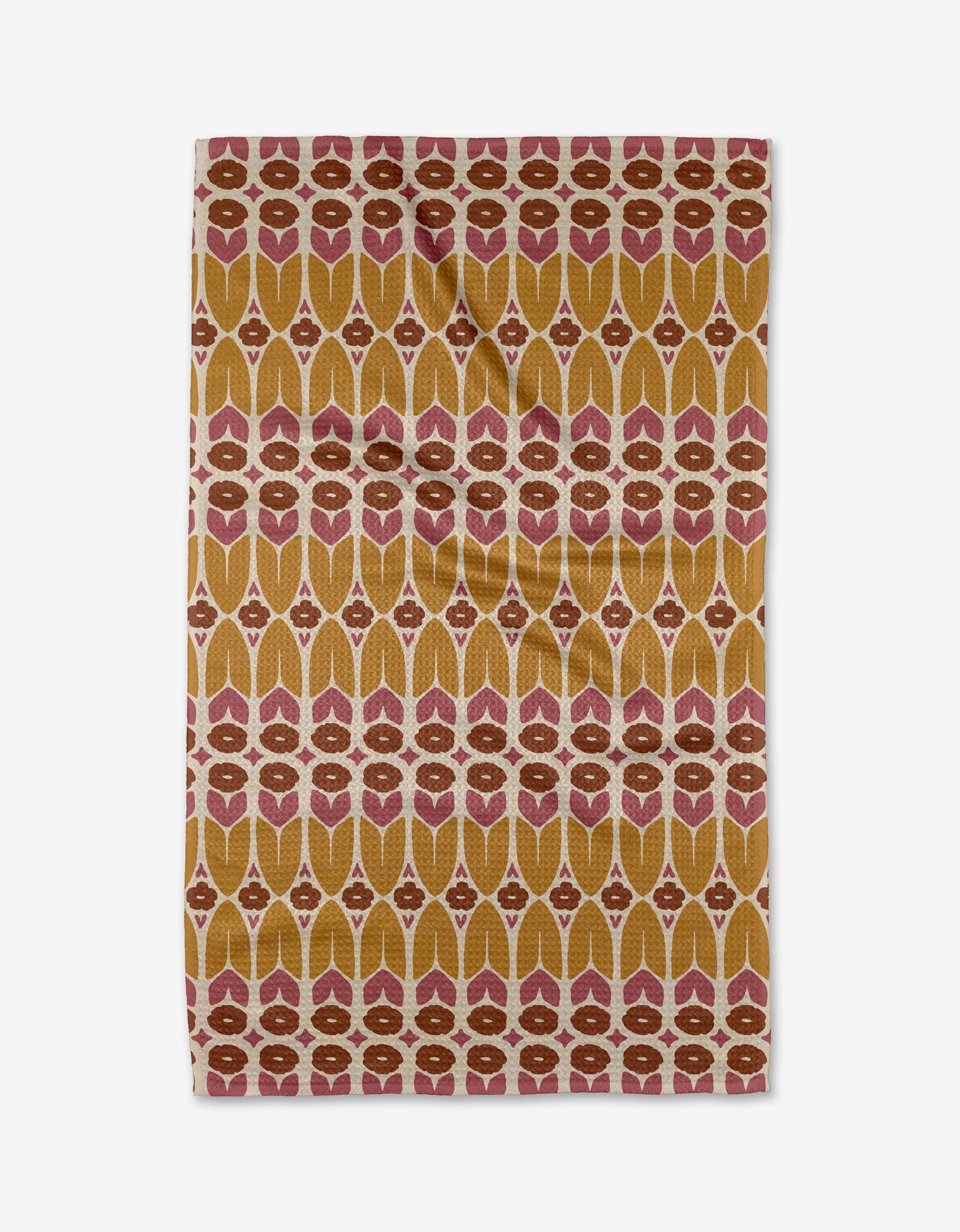 The Autumn Groove Tea Towel by Kayla Ann is made from ultra-absorbent Geoweave™ fabric and features a geometric pattern of mustard yellow, rust red, and white ovals and leaves in vertical rows.