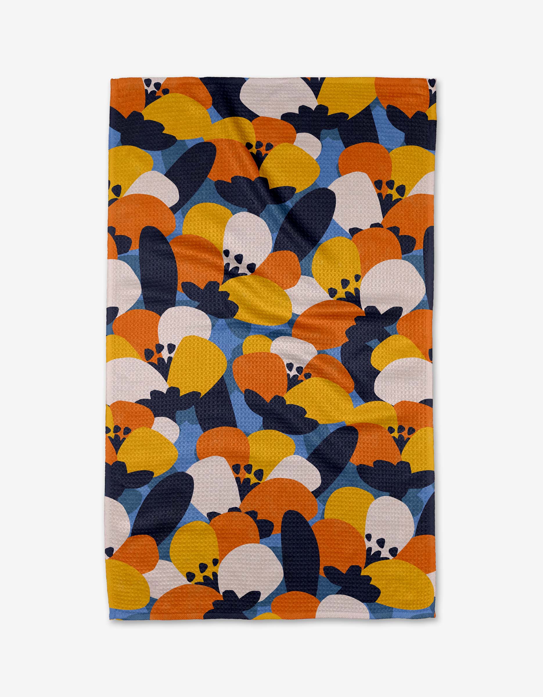 The Bold Petal Bloom tea towel by Claire Iglesias features an abstract pattern in orange, yellow, navy blue, and white with curved shapes and circles on ultra-absorbent Geoweave fabric.
