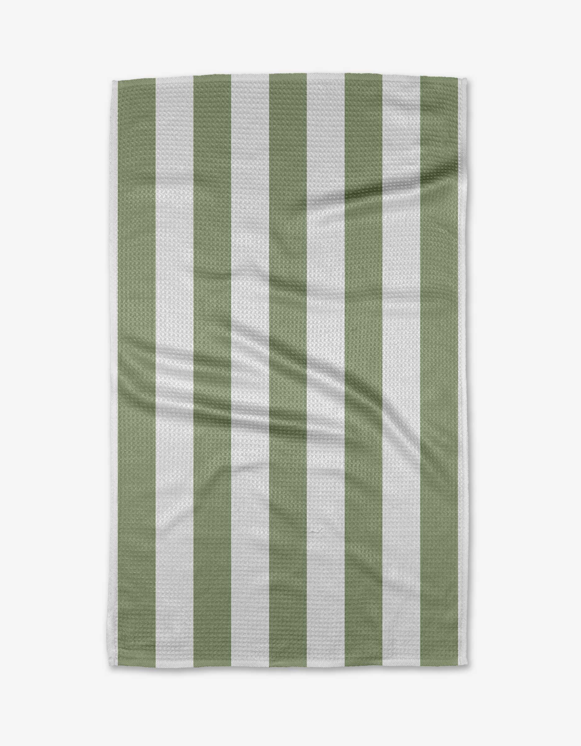 The Candy Mint tea towel by Kailee Wright is rectangular with vertical sage green and white stripes. Displayed flat, its quick-drying fabric shows a subtle textured pattern and slight creases against a white background.