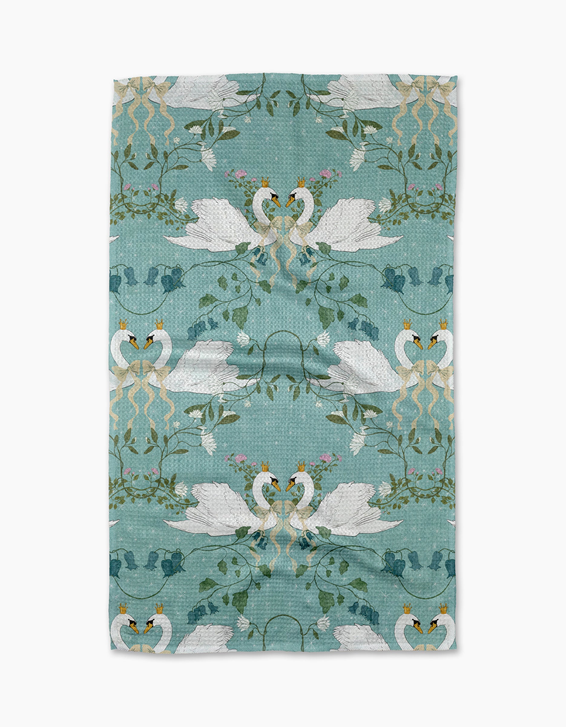 Crowned Grace by Pascale Dilger is a decorative kitchen towel crafted from recycled materials, featuring white swans, green lily pads, and floral accents in a mirrored pattern on light teal.