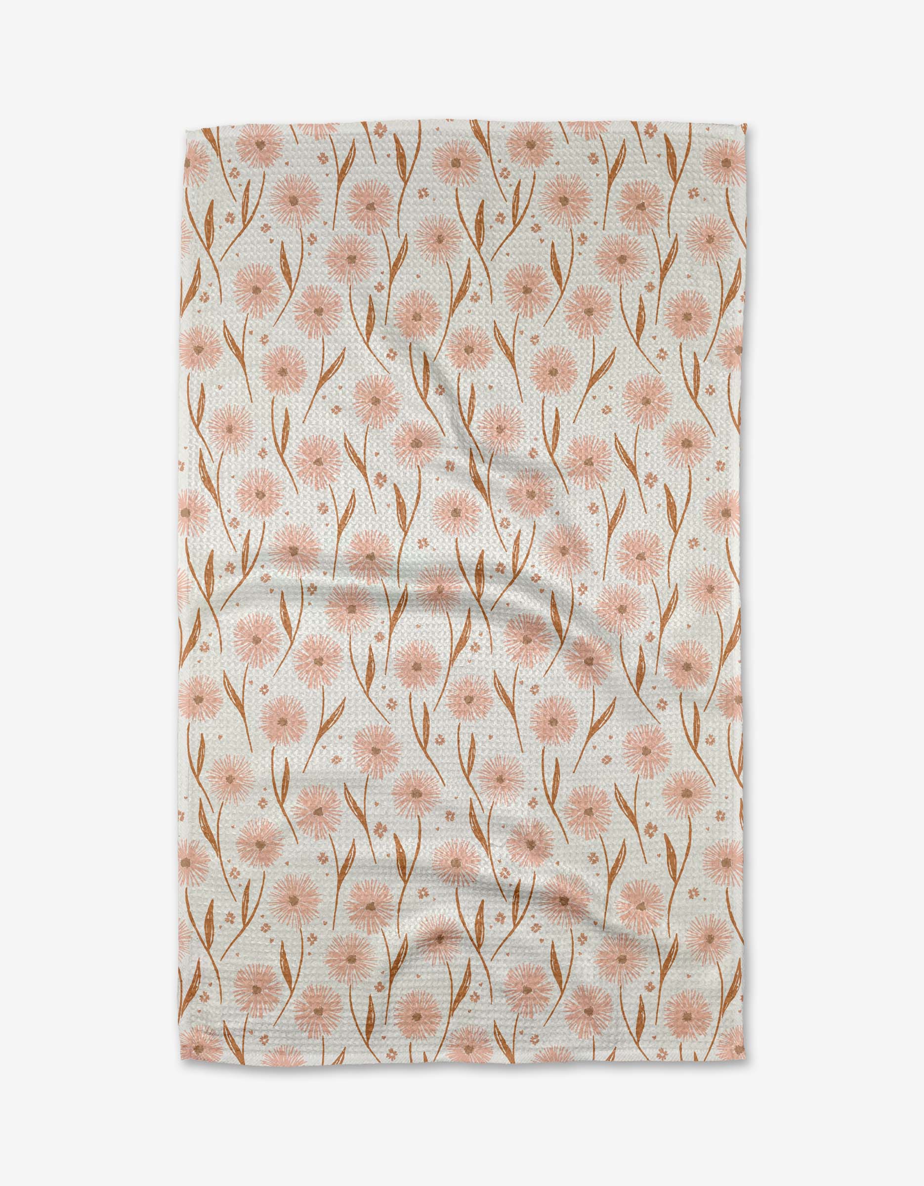 The Daisy Pop Kitchen Tea Towel by Hufton Studio is made from lightweight Geoweave™ fabric and features a repeating pattern of soft pink flowers with brown stems on a white background. The towel is displayed flat, showing its elegant design.
