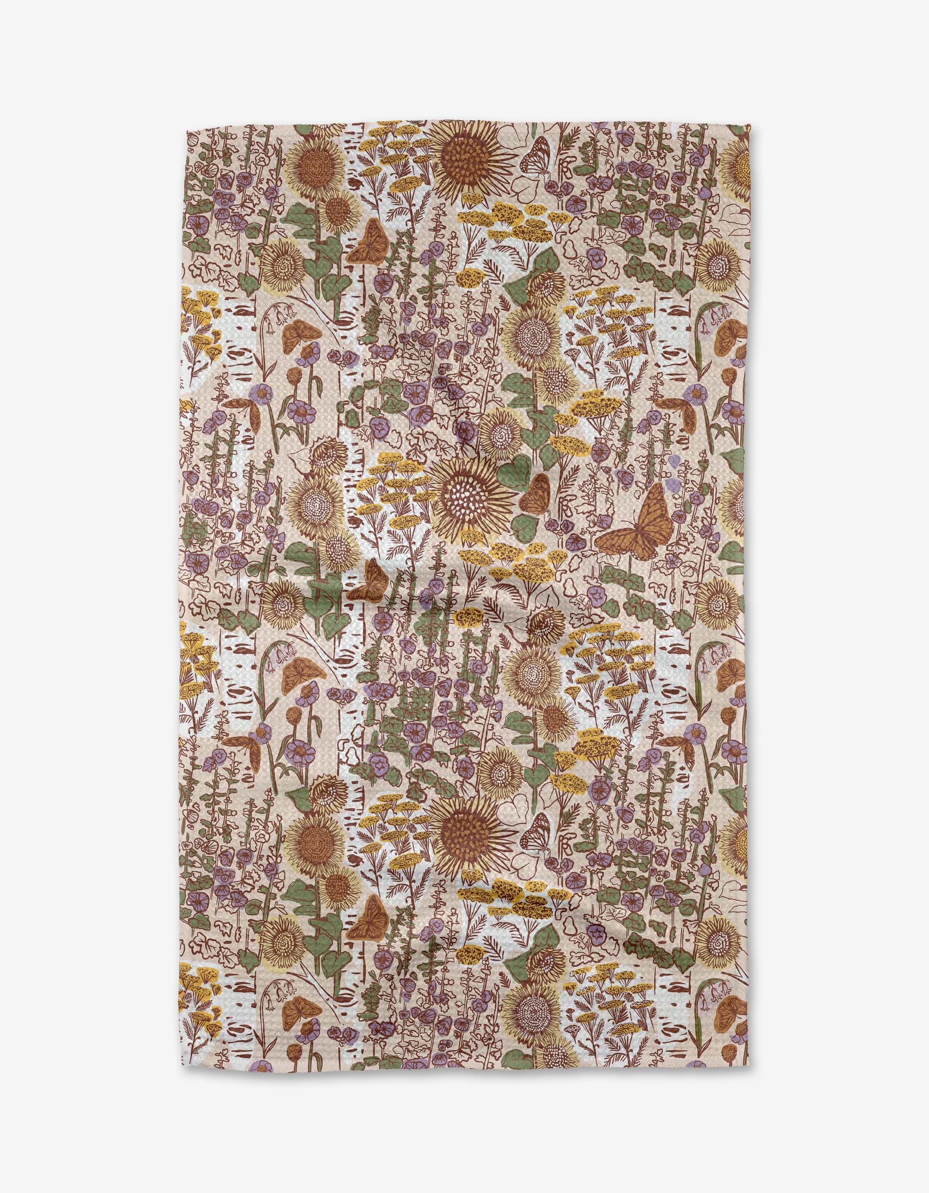 The “Fall Forest” tea towel by Elisabeth Wing features an intricate botanical print with sunflowers, mushrooms, butterflies, and more on a cream background, crafted from ultra-absorbent Geoweave fabric.