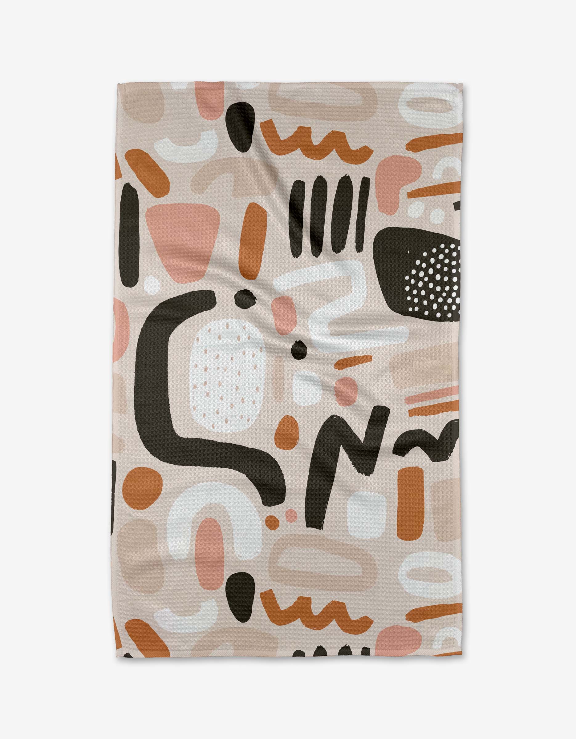 Fall Geometry by Marina Solodka is a beige tea towel with an abstract mix of black, white, brown, and peach shapes. Made from soft, durable geoweave fabric for lasting style.