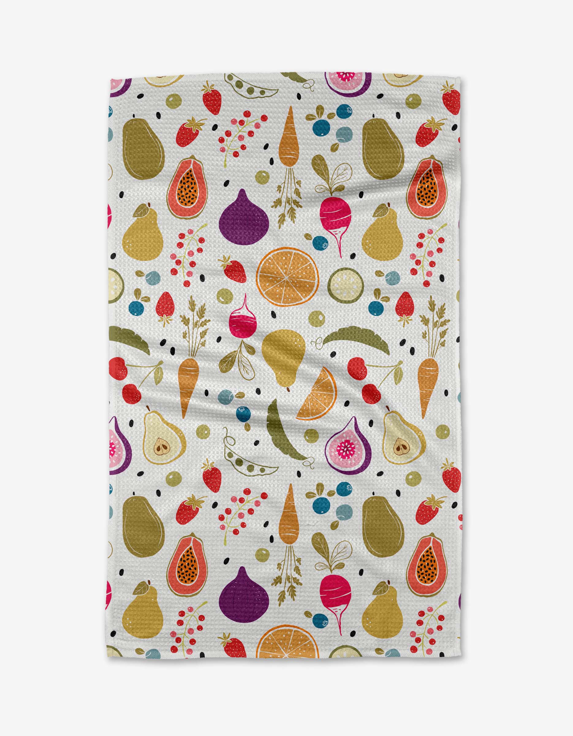 The Farmers Market dish towel by Sara Mari features a vibrant fruit and veggie pattern in a whimsical style, with pears, figs, citrus, radishes, and berries on ultra-absorbent Geoweave fabric.