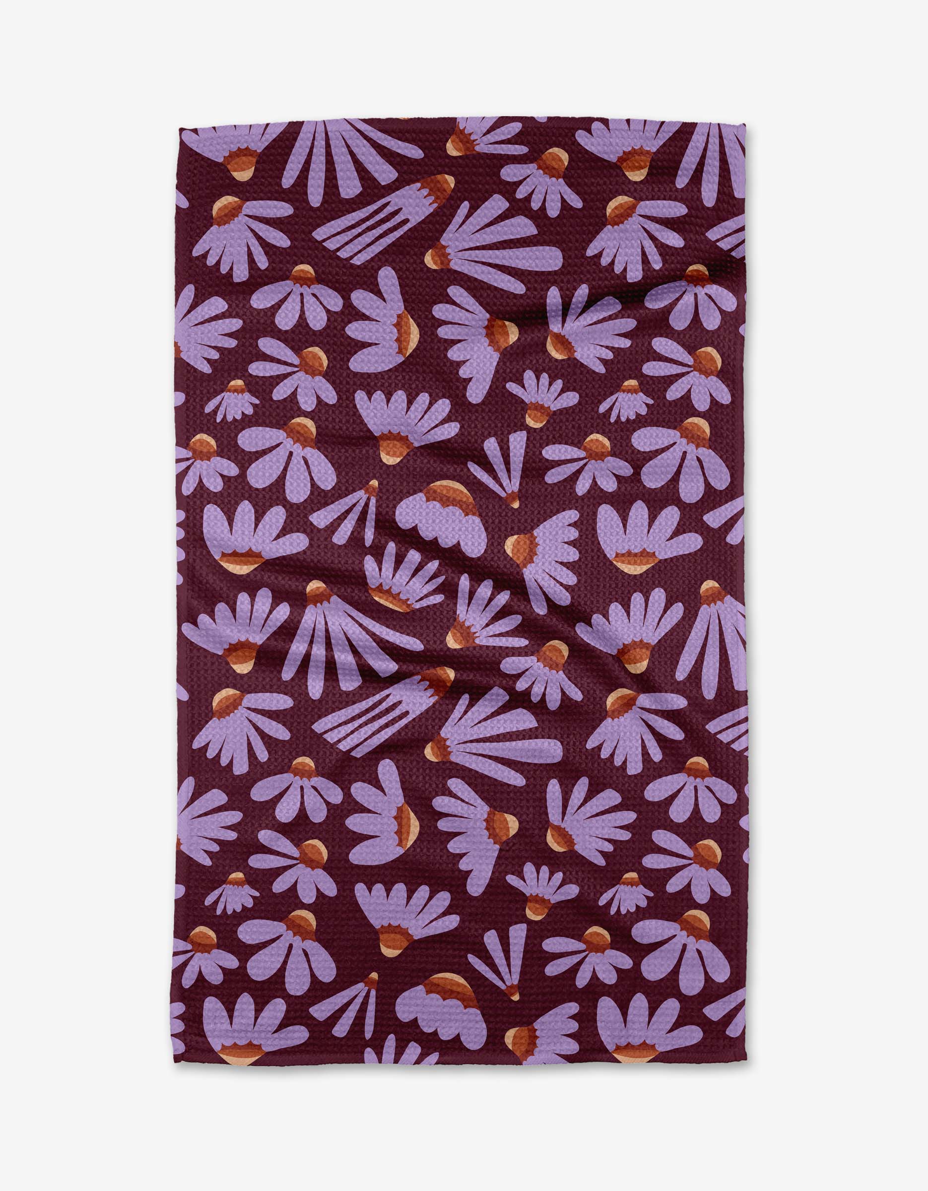Flower Pop by Elisabeth Wing is a rectangular tea towel crafted from Geoweave™ fabric, showcasing purple flowers with yellow centers on a dark maroon background.