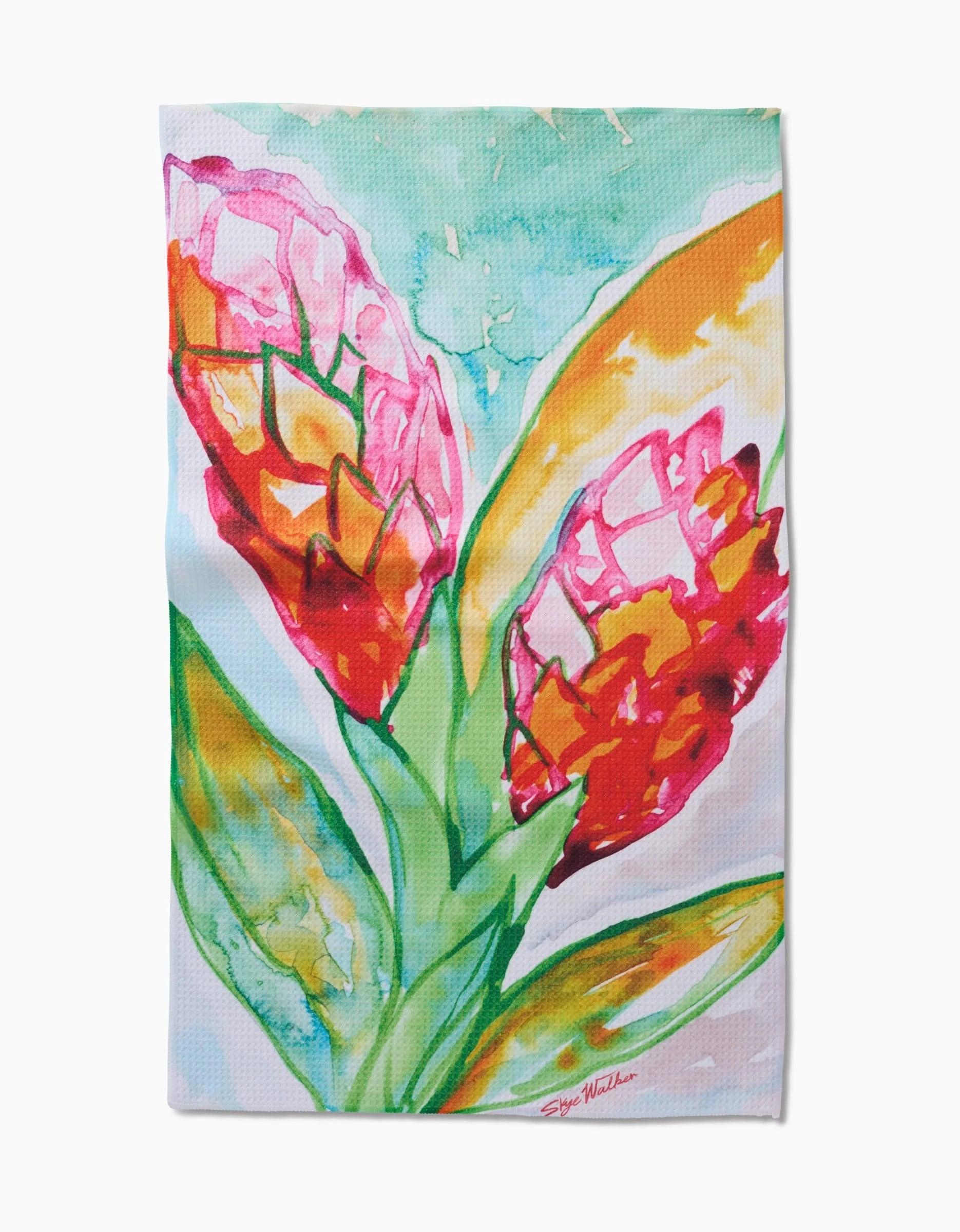Ginger by Skye Walker: a vibrant watercolor of pink and orange tropical flowers with green leaves on a blue-yellow abstract background, printed on ultra-absorbent Geoweave fabric made from recycled materials.