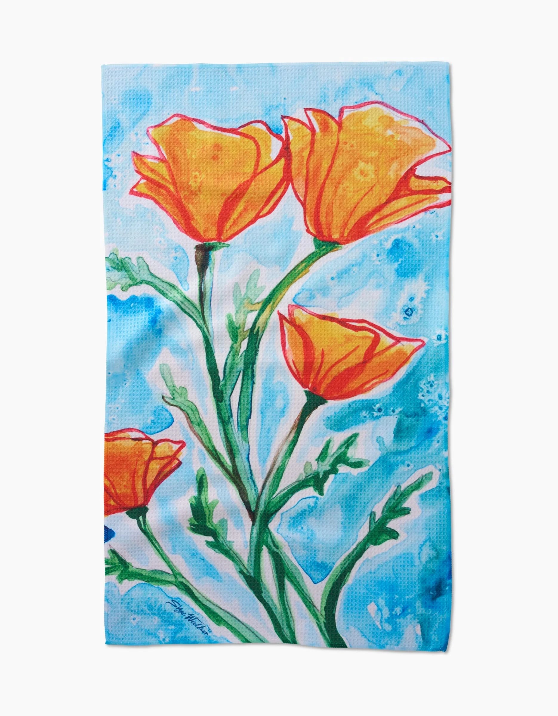 The Golden Poppy Flowers Tea Towel by Skye Walker showcases four vibrant orange poppies with green stems and leaves on a blue background, crafted from soft and durable Geoweave™ fabric.
