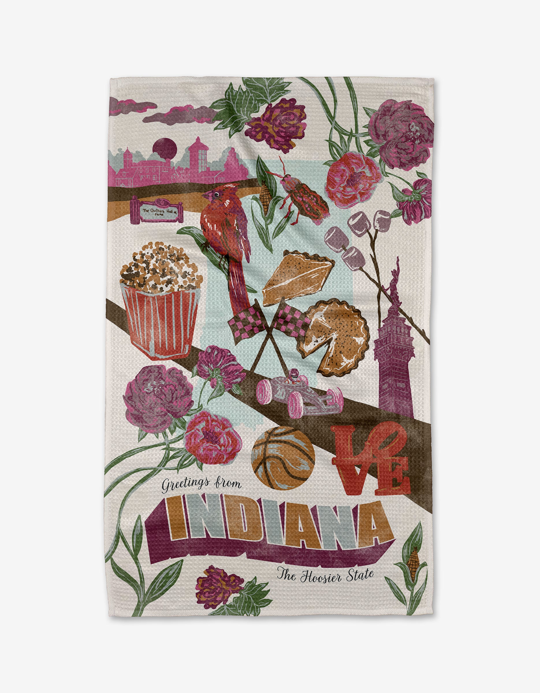 Geometry’s "Greetings From Indiana" tea towel features colorful illustrations of Indiana symbols—cardinal, popcorn, basketball, and more—with “Greetings from Indiana The Hoosier State” text, made from quick-drying recycled materials.