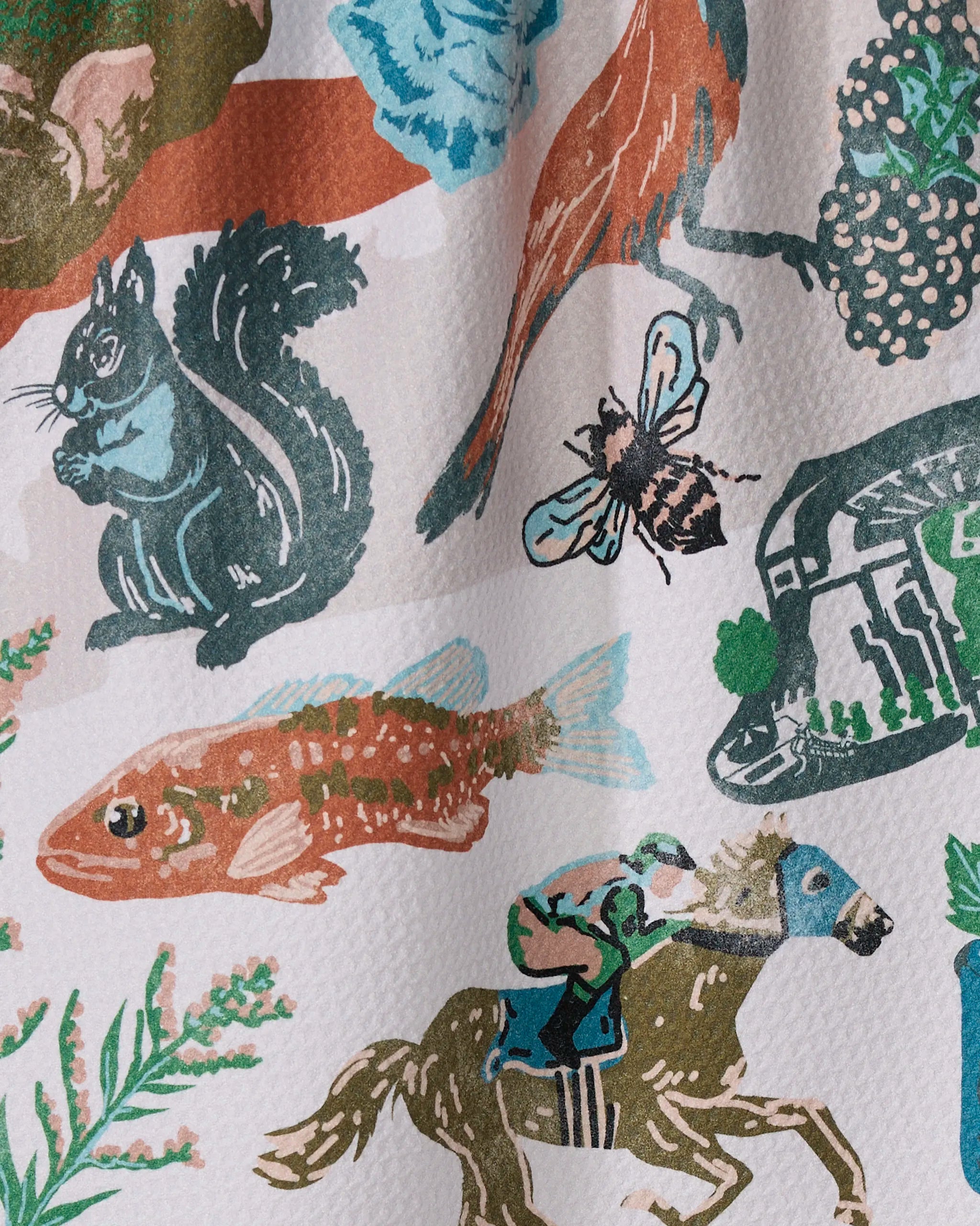 Greetings From Kentucky by Geometry: This quick-dry kitchen dish towel features a textured white background with colorful illustrations of a squirrel, bird, bee, fish, horseback rider, greenery, and rocks—both stylish and functional.