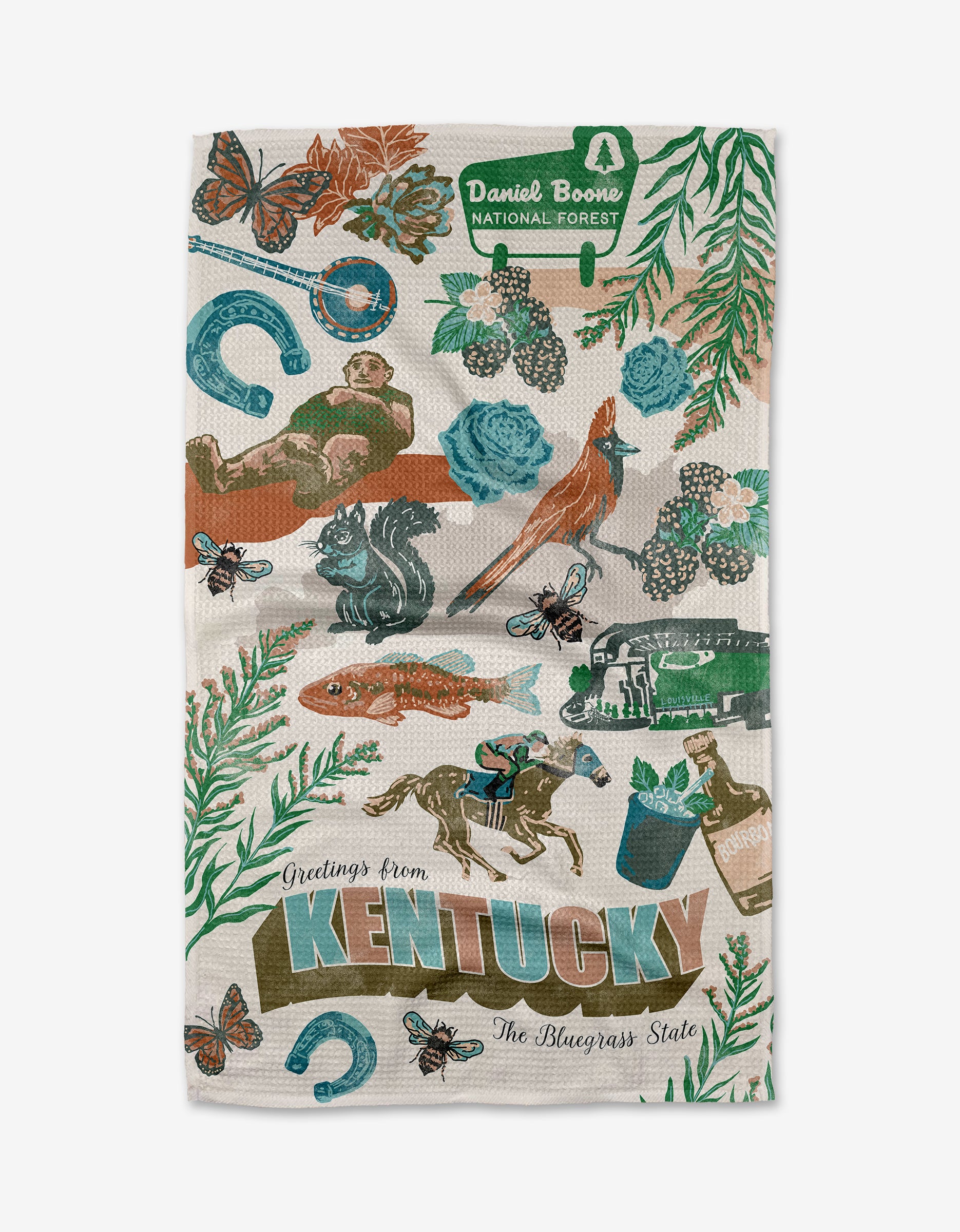 Geometry’s "Greetings From Kentucky" tea towel features vibrant illustrations of state icons like horseshoes, cardinals, bourbon, and more, crafted from recycled materials—the perfect tribute to the Bluegrass State.