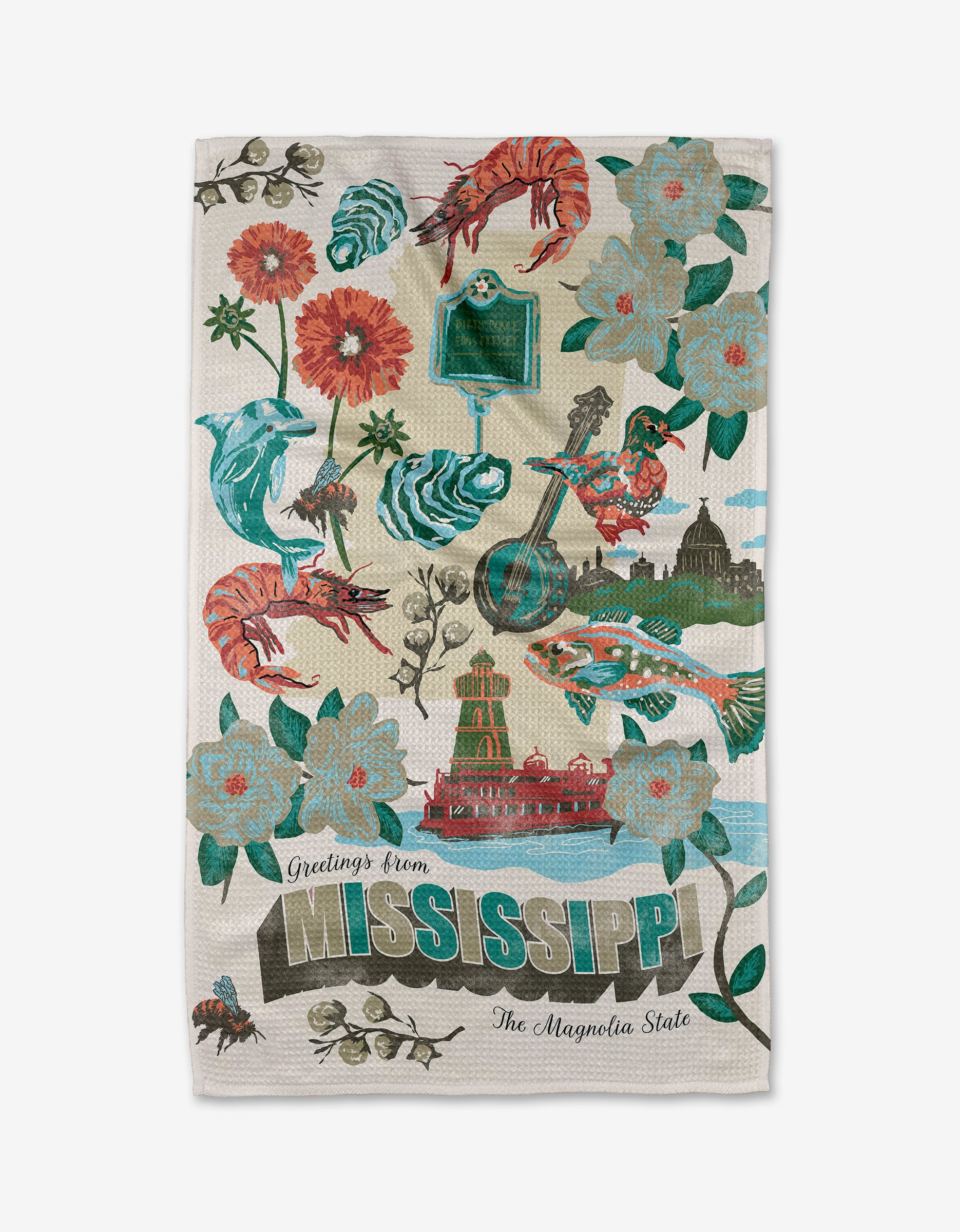 The Geometry "Greetings From Mississippi" tea towel features illustrations of flowers, a riverboat, fish, crawfish, guitar, magnolia blossoms, state landmarks, and the words “Greetings from MISSISSIPPI The Magnolia State.” Made from recycled materials.