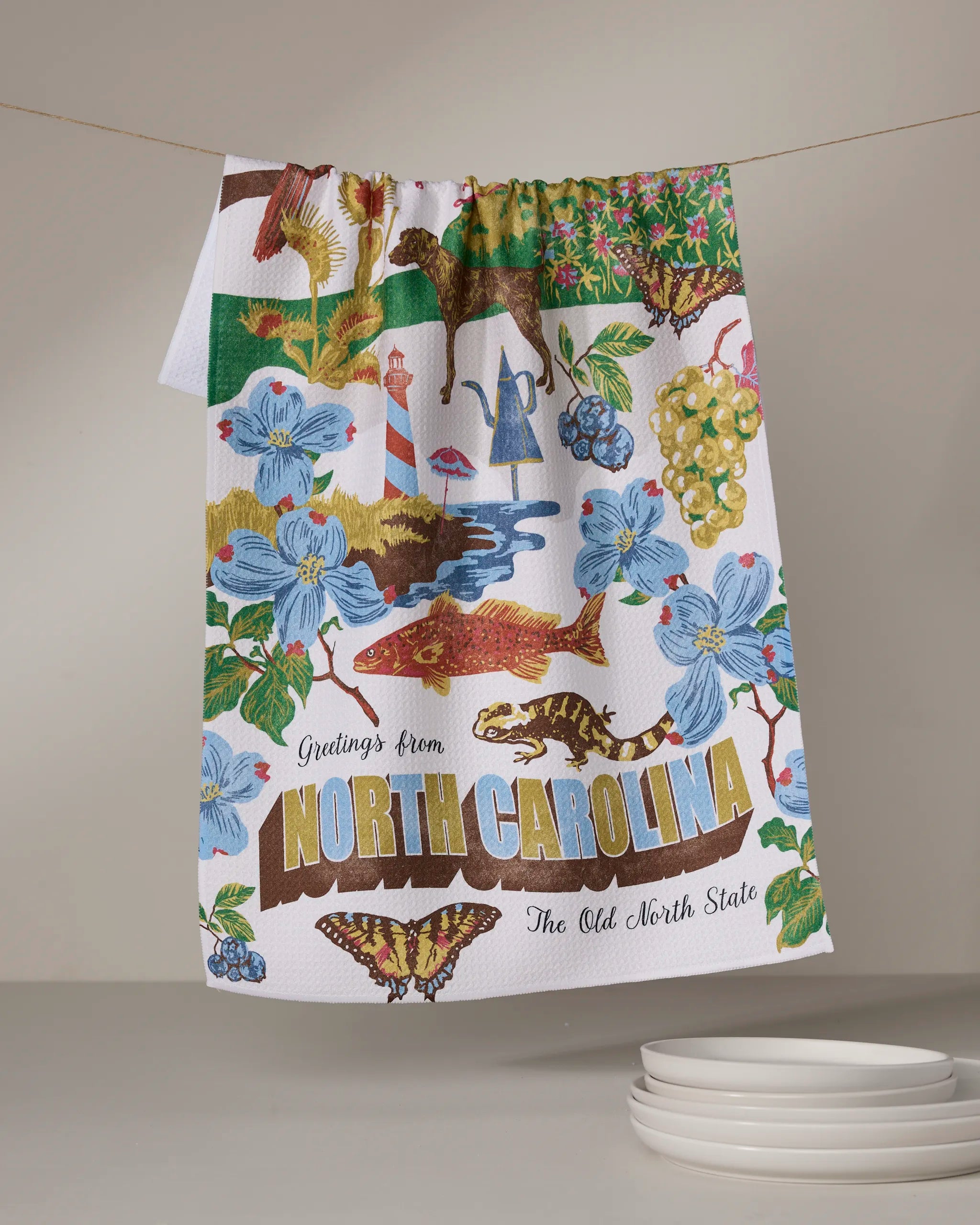 The Geometry "Greetings From North Carolina" tea towel features vibrant North Carolina icons—blue flowers, lighthouse, fish, salamander, grapes, and birds—with the text: “Greetings from NORTH CAROLINA The Old North State.”.