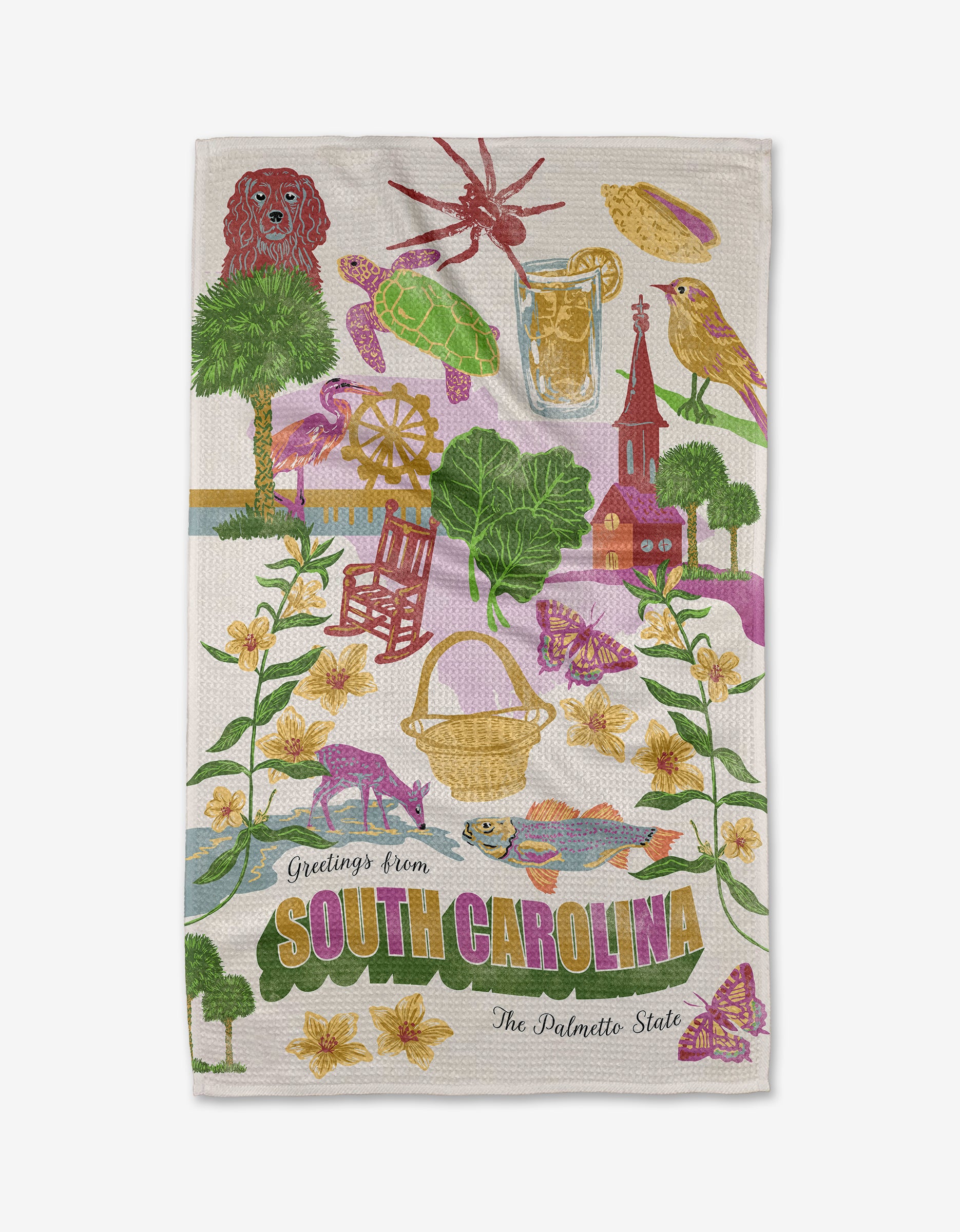 Geometry's "Greetings From South Carolina" tea towel is ultra-absorbent and colorful, featuring state symbols like a Palmetto tree, dog, basket, butterfly, sweet tea, peaches, cardinal, ferris wheel, and flowers.