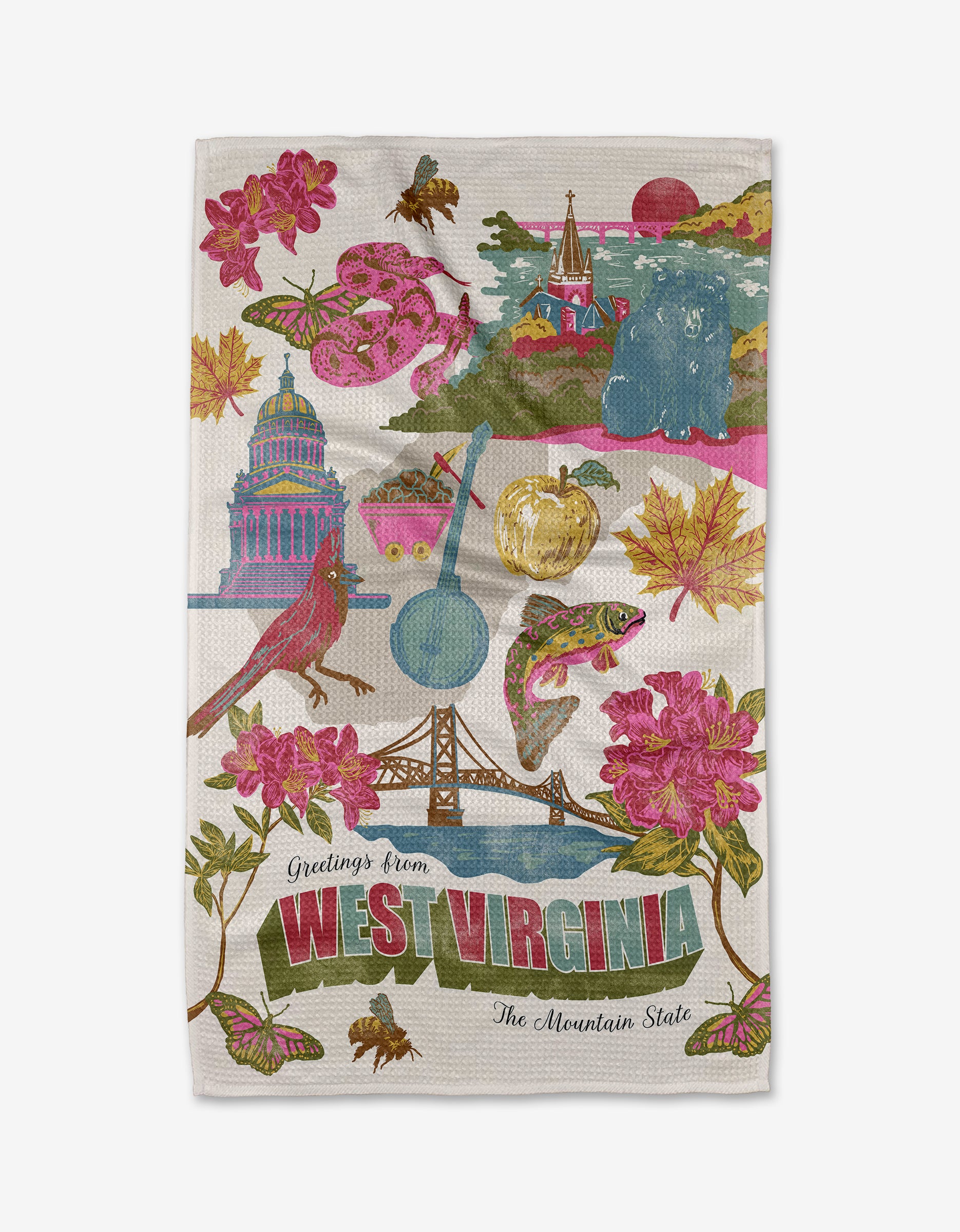 The Geometry "Greetings From West Virginia" tea towel features colorful icons like the capitol, bridge, cardinal, trout, flowers, leaves, banjo, apples, and mountains. Made from ultra-absorbent recycled materials.