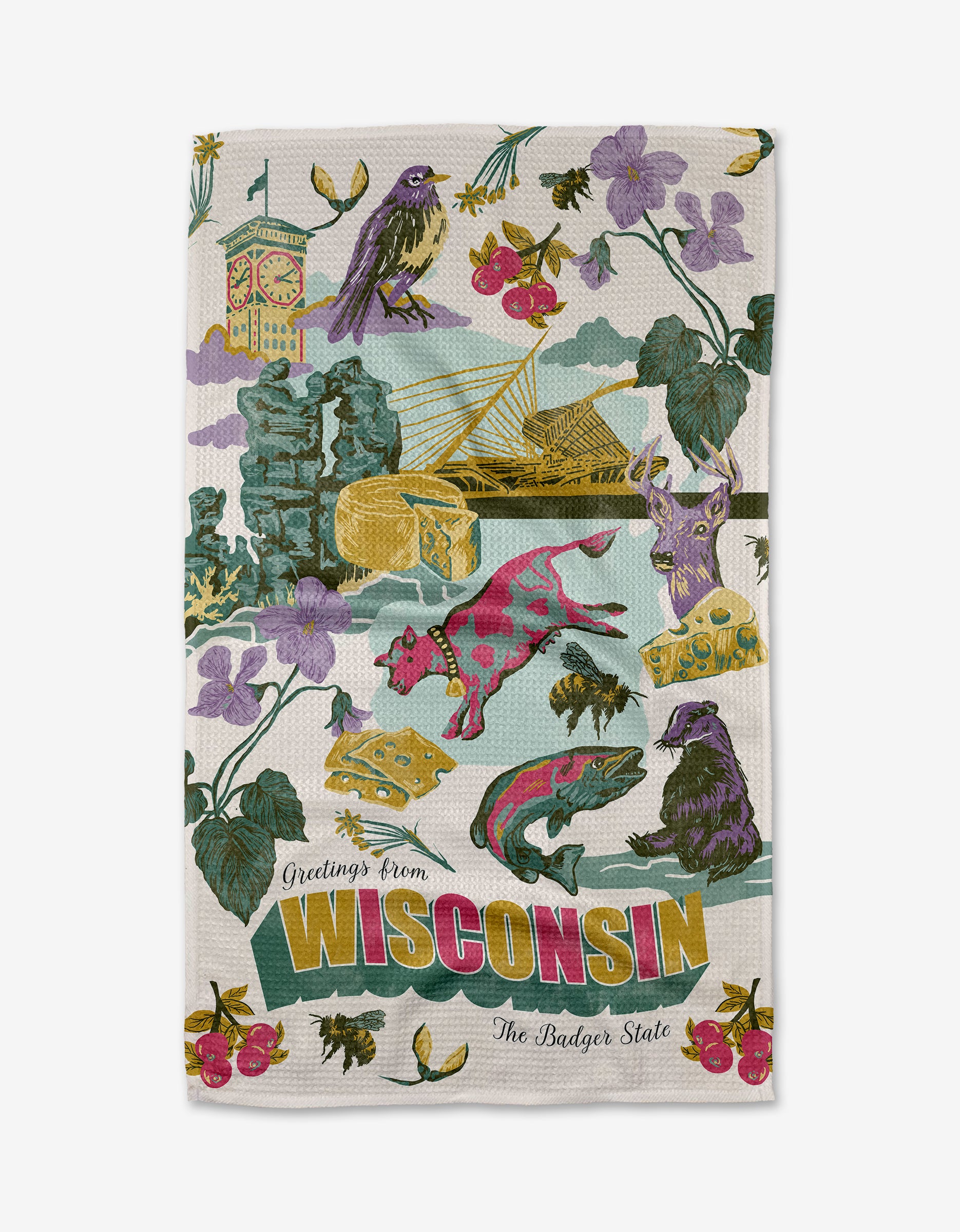 Geometry’s “Greetings From Wisconsin” ultra-absorbent towel features a vibrant illustration of state landmarks, animals, cheese, flowers, and cherries with bold “Greetings from Wisconsin” and “The Badger State” text.