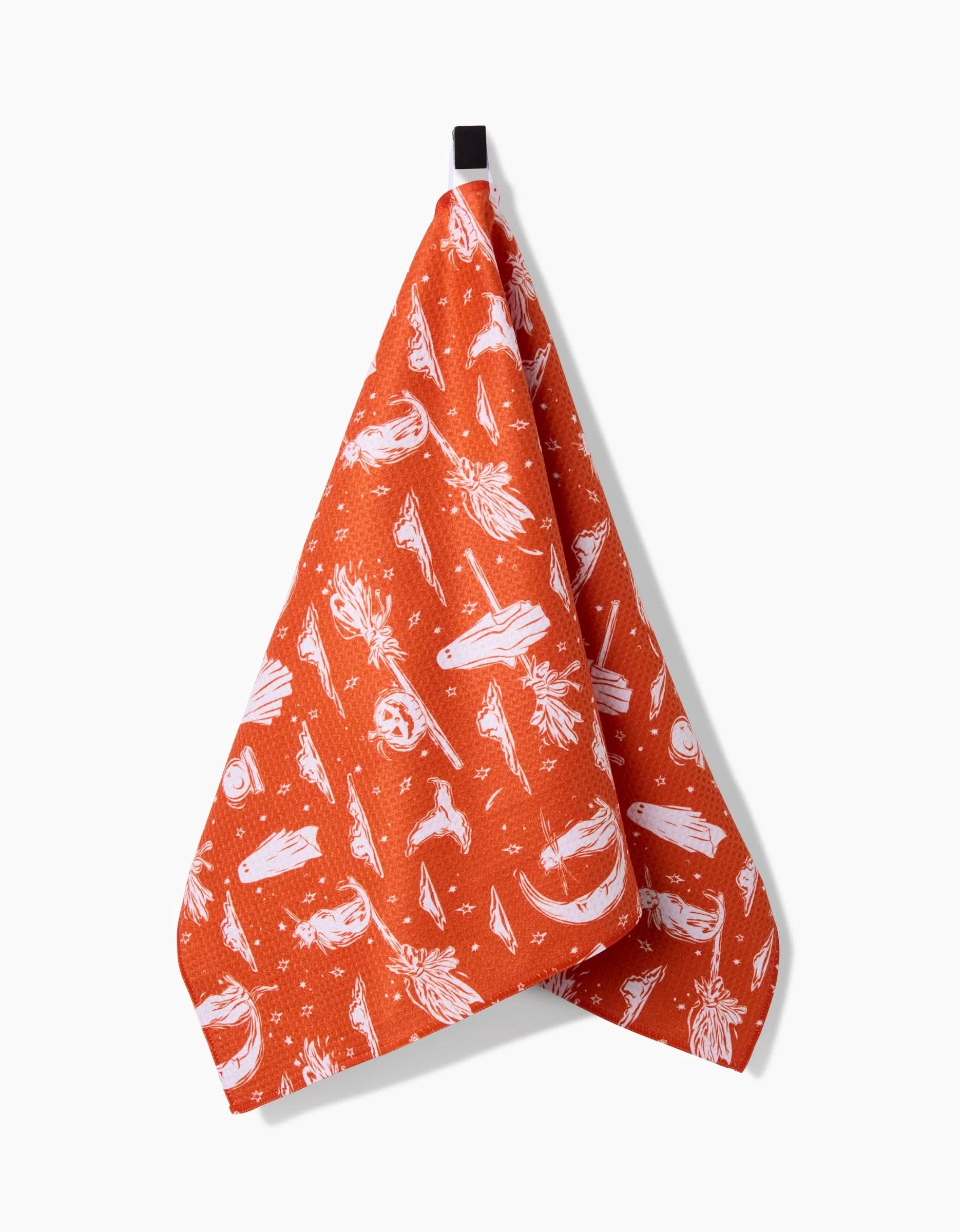 Aubrey Fairchilds Halloween Cats And Ghosts towel, crafted from ultra-absorbent Geoweave™ fabric, features a festive pattern of cats and ghosts and hangs from a black loop against a white background.
