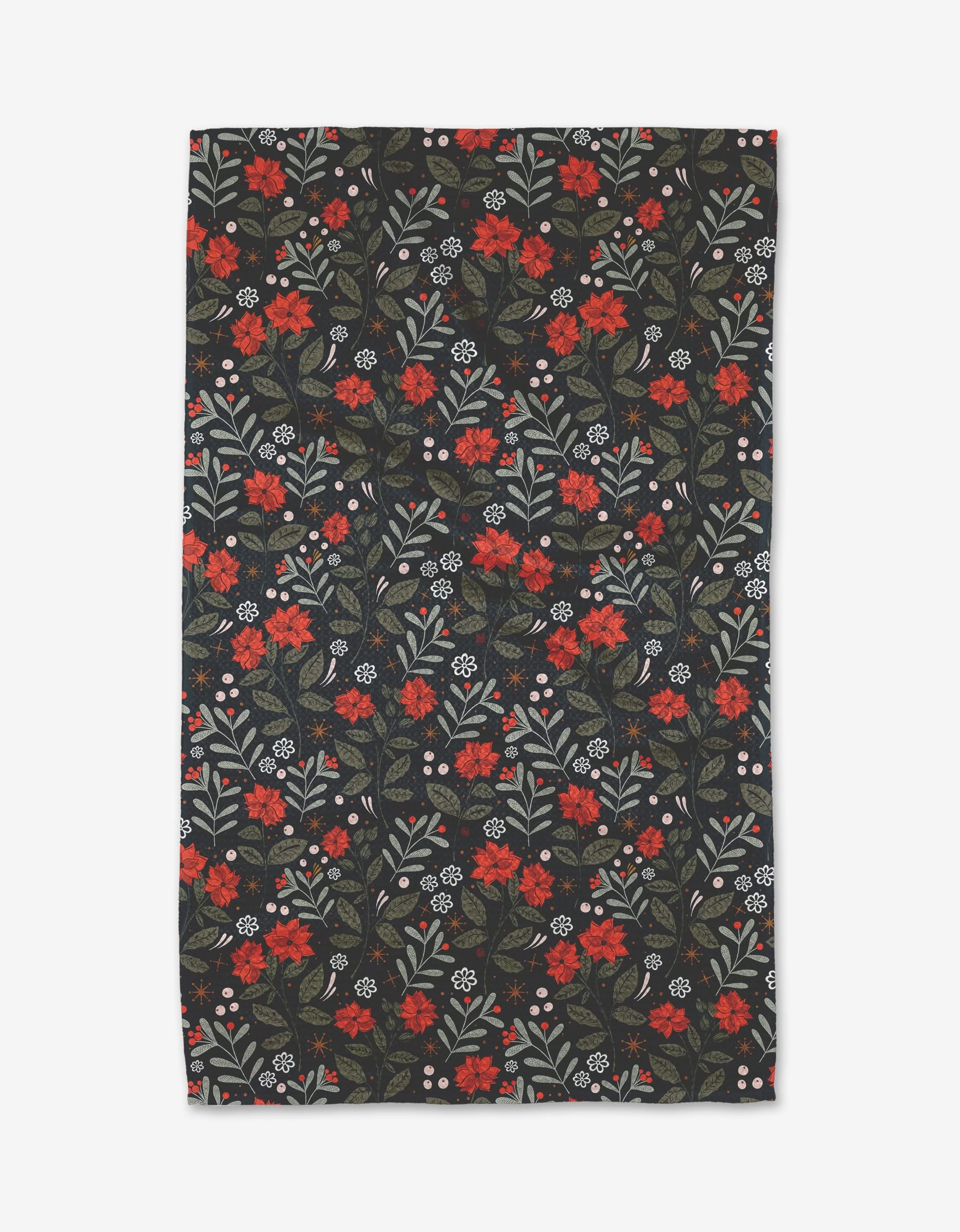 The Holiday Floral tea towel by Charlie Rowan Designs features a dark background with a repeating pattern of red, white, and orange flowers with green and gray leaves.