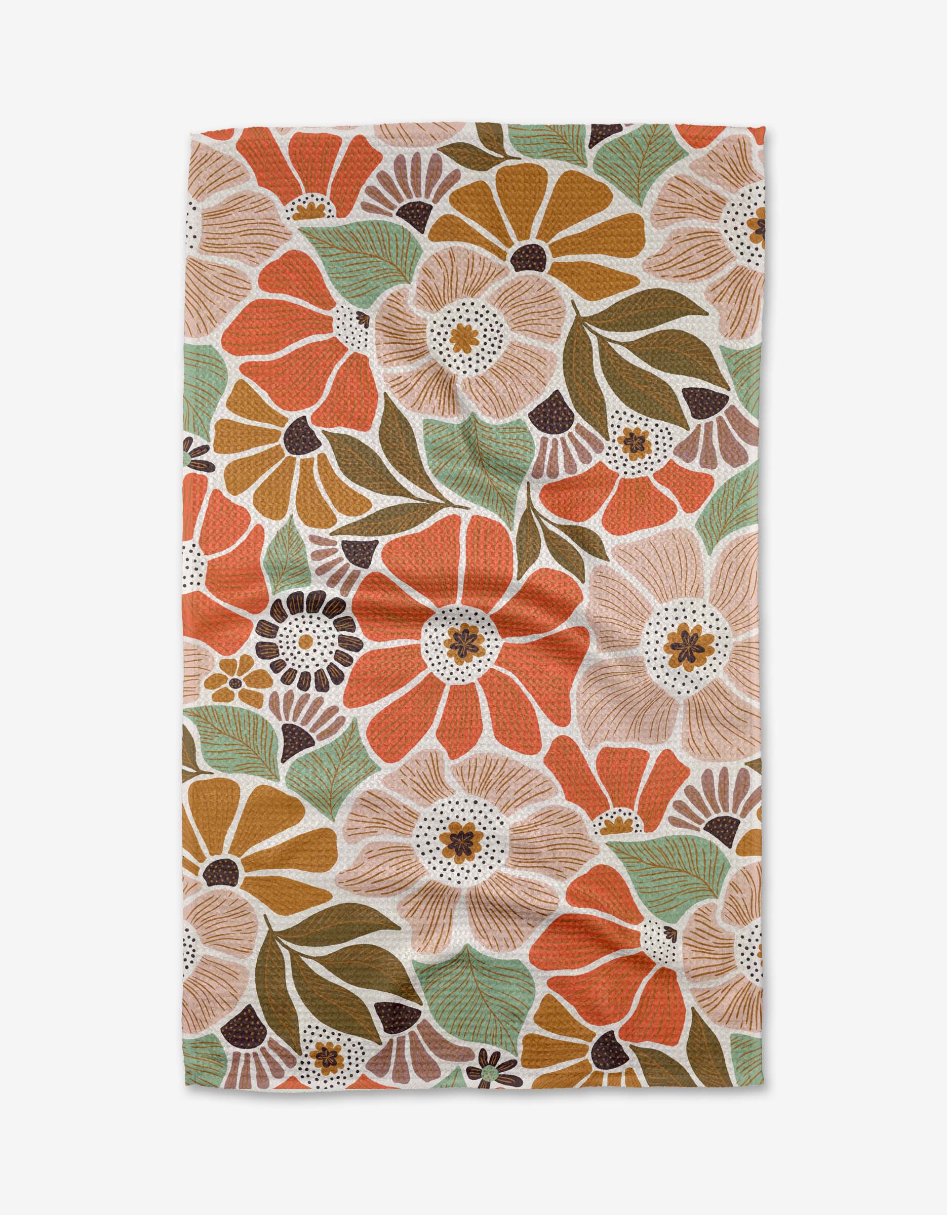 The Jorah Tea Towel by Amy MacCready features a bold floral pattern in orange, tan, brown, green, and white on a plain background. Made from recycled materials for an eco-friendly touch.