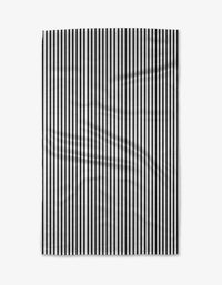 The Love Notes tea towel by Kailee Wright is a rectangular white towel with evenly spaced vertical black stripes. Made from Geoweave fabric, it features slight visible creases that add a subtle textured touch to its minimal design.