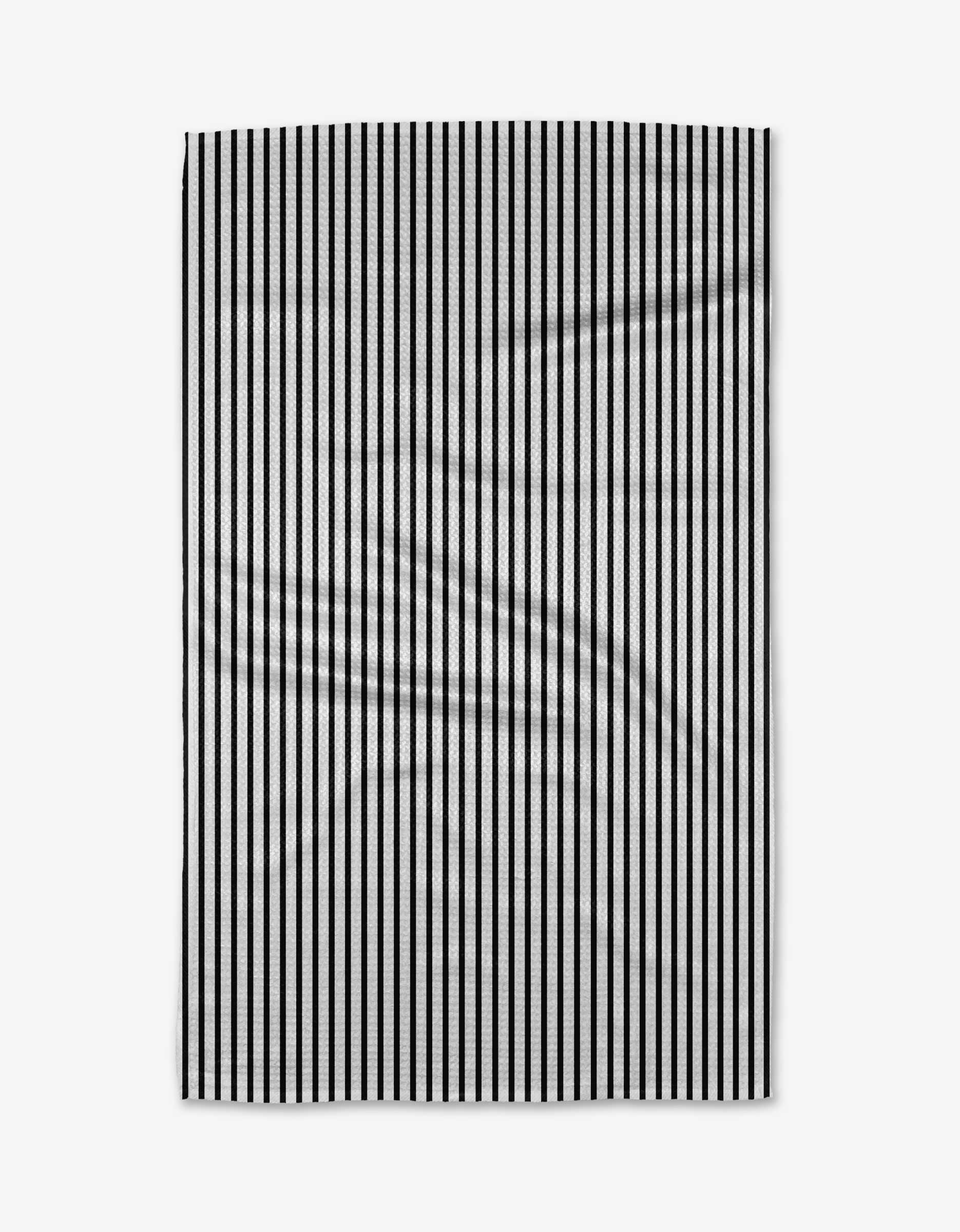 The Love Notes tea towel by Kailee Wright is a rectangular white towel with evenly spaced vertical black stripes. Made from Geoweave fabric, it features slight visible creases that add a subtle textured touch to its minimal design.