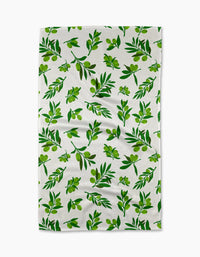 The Olive Grove dish towel by Vaishali Design Studio is ultra-absorbent, white, and features green olive branches—a stylish and functional addition to any kitchen.
