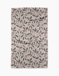 The Pink Summer Lemons tea towel by Teri the Butter features a repeating pattern of brown branches, pink-accented leaves, and a white background. Slightly wrinkled, it’s ultra-absorbent—ideal for everyday use.
