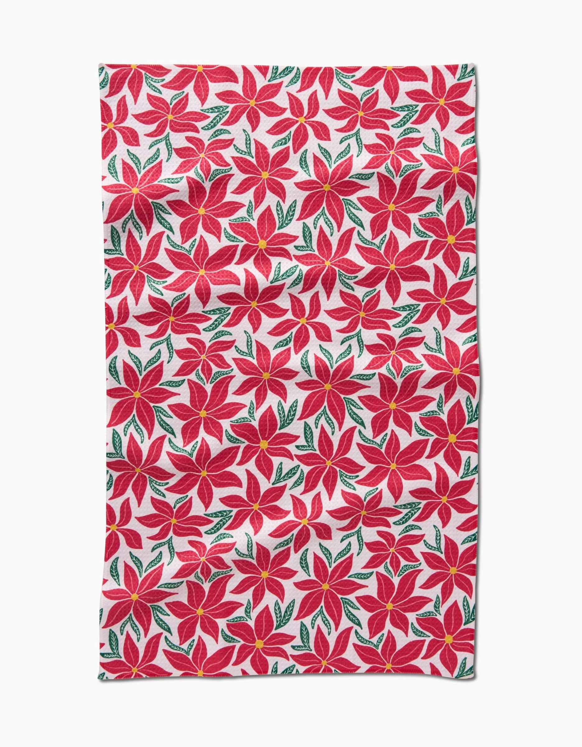 The Poinsettia Party tea towel by Kayla Ann features a repeated print of red poinsettias with green leaves on white, crafted from recycled materials.