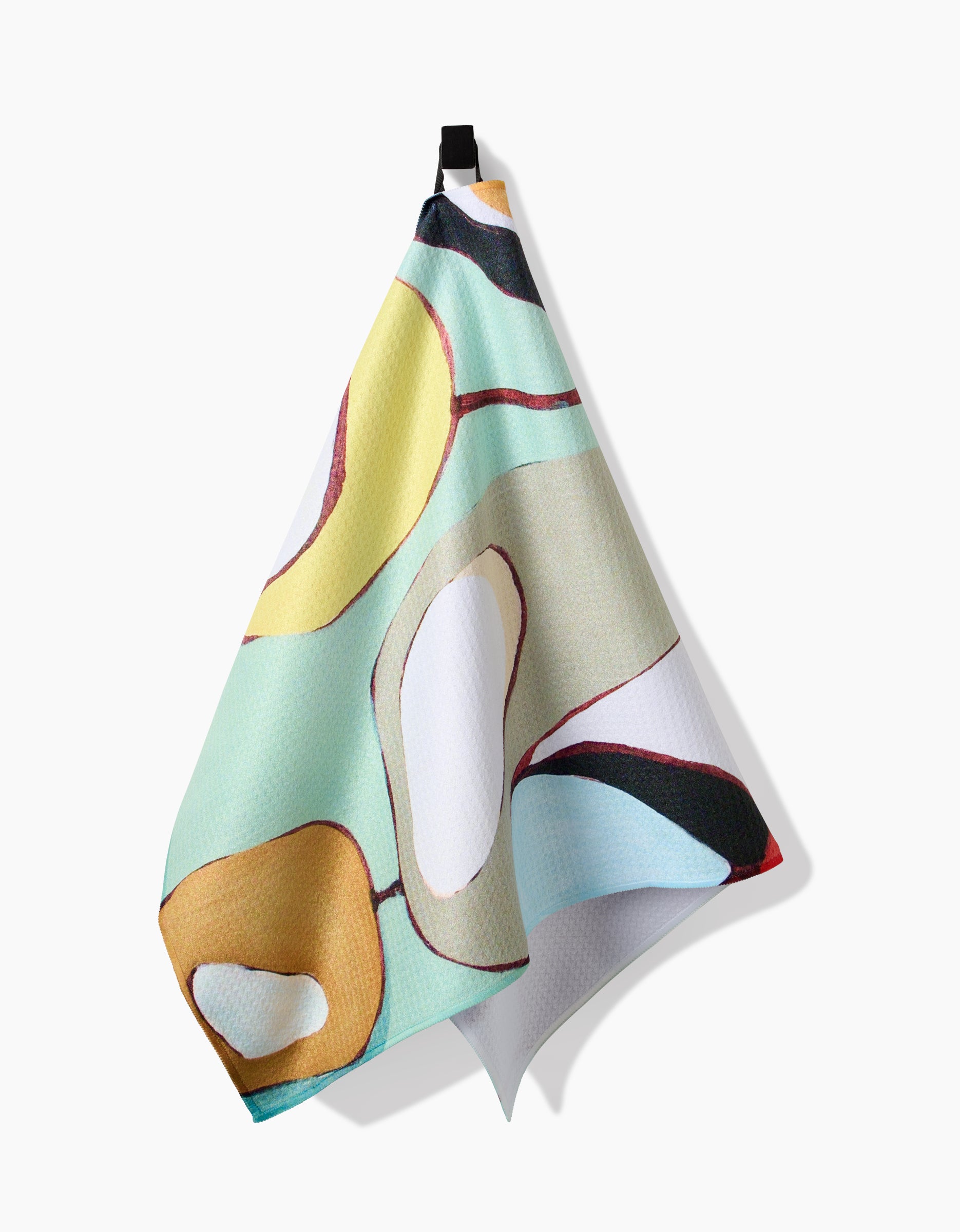 The Poppies on Mint dish towel by Rachel Austin, made from ultra-absorbent Geoweave fabric, features vibrant abstract shapes and hangs from a black loop against a white background.