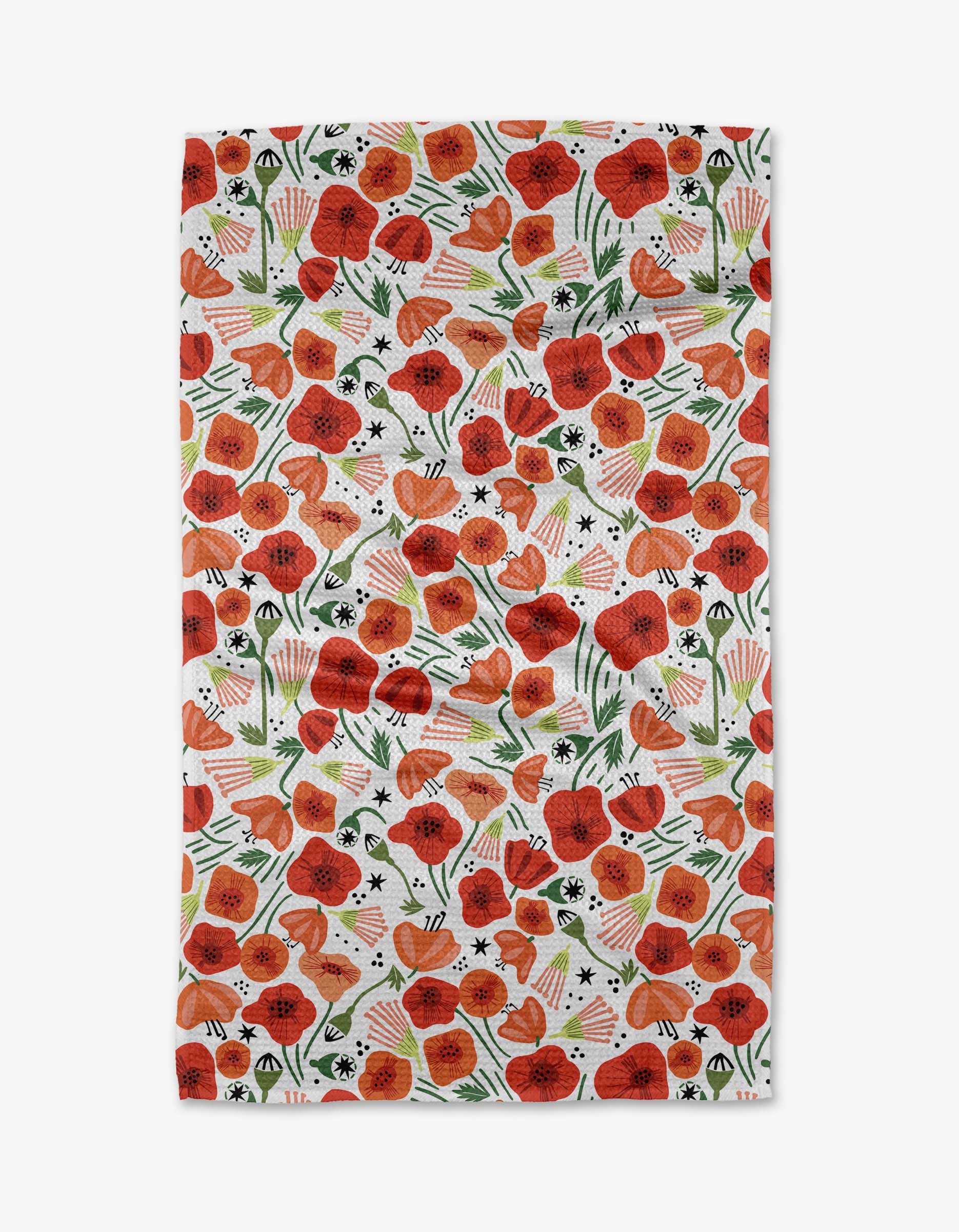 Poppy Power by Elisabeth Wing is a rectangular cloth featuring red poppies, green stems, and leaves on white with black and peach accents, made from ultra-absorbent Geoweave fabric for superior performance.