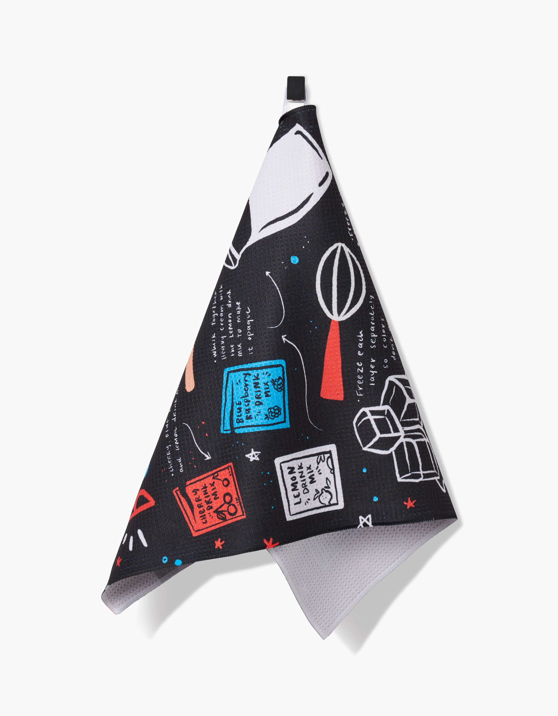 The Popsicles tea towel by Janna Sue Design is made from recycled materials and features colorful illustrations, handwritten-style text, small stars, and hangs from a loop.