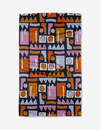The Retro Shaped Fiesta by Claire Iglesias is a rectangular ultra-absorbent Geoweave cloth with an abstract geometric pattern in black, pink, orange, purple, and white. Bold zigzags, rectangles, circles, and lines create a modern look.