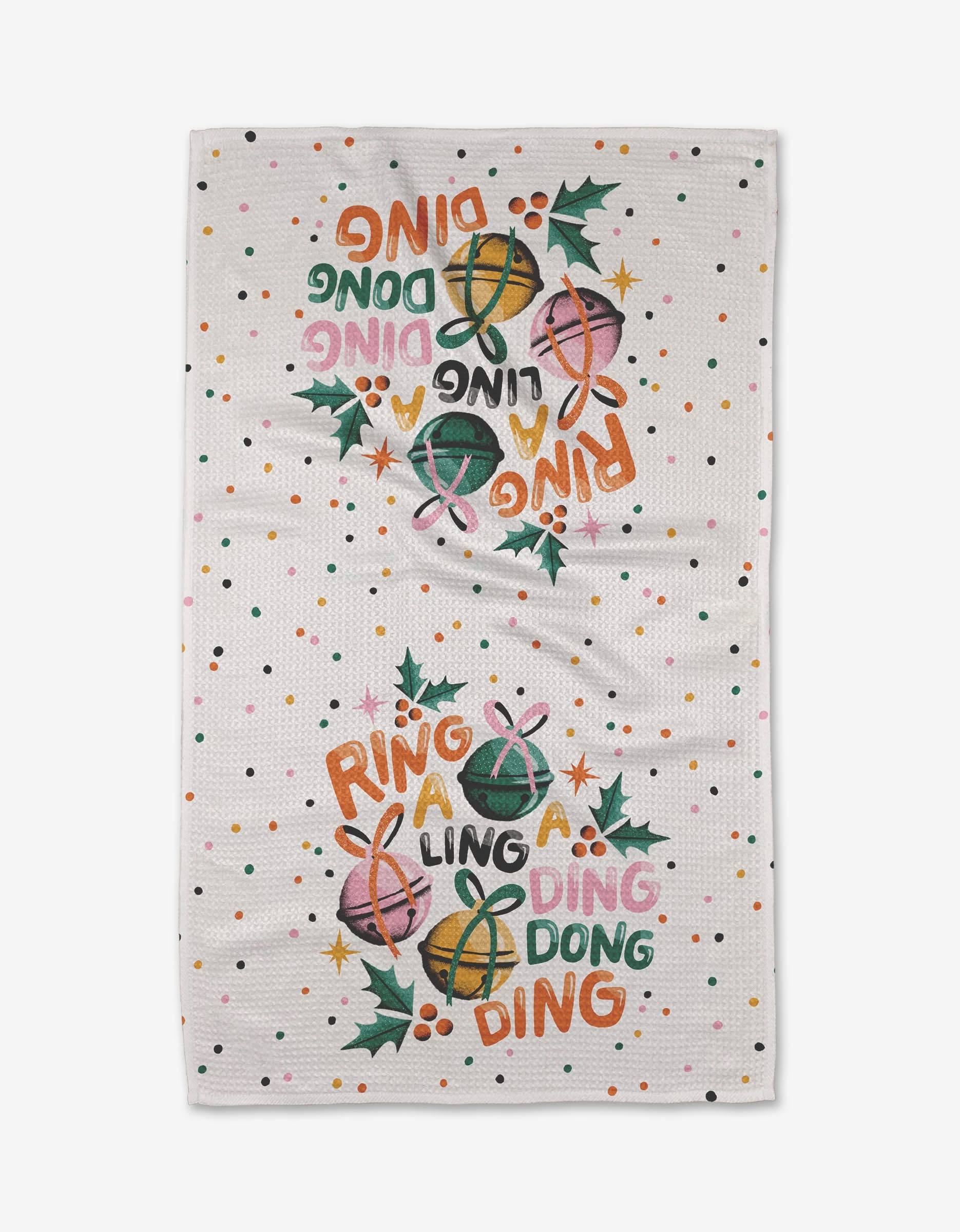 The Megan Roy Ring-A-Ling dish towel features colorful polka dots, holly leaves, jingle bells, and the phrase Ring a ling a ding dong ding—a festive and absorbent addition to your holiday kitchen décor.