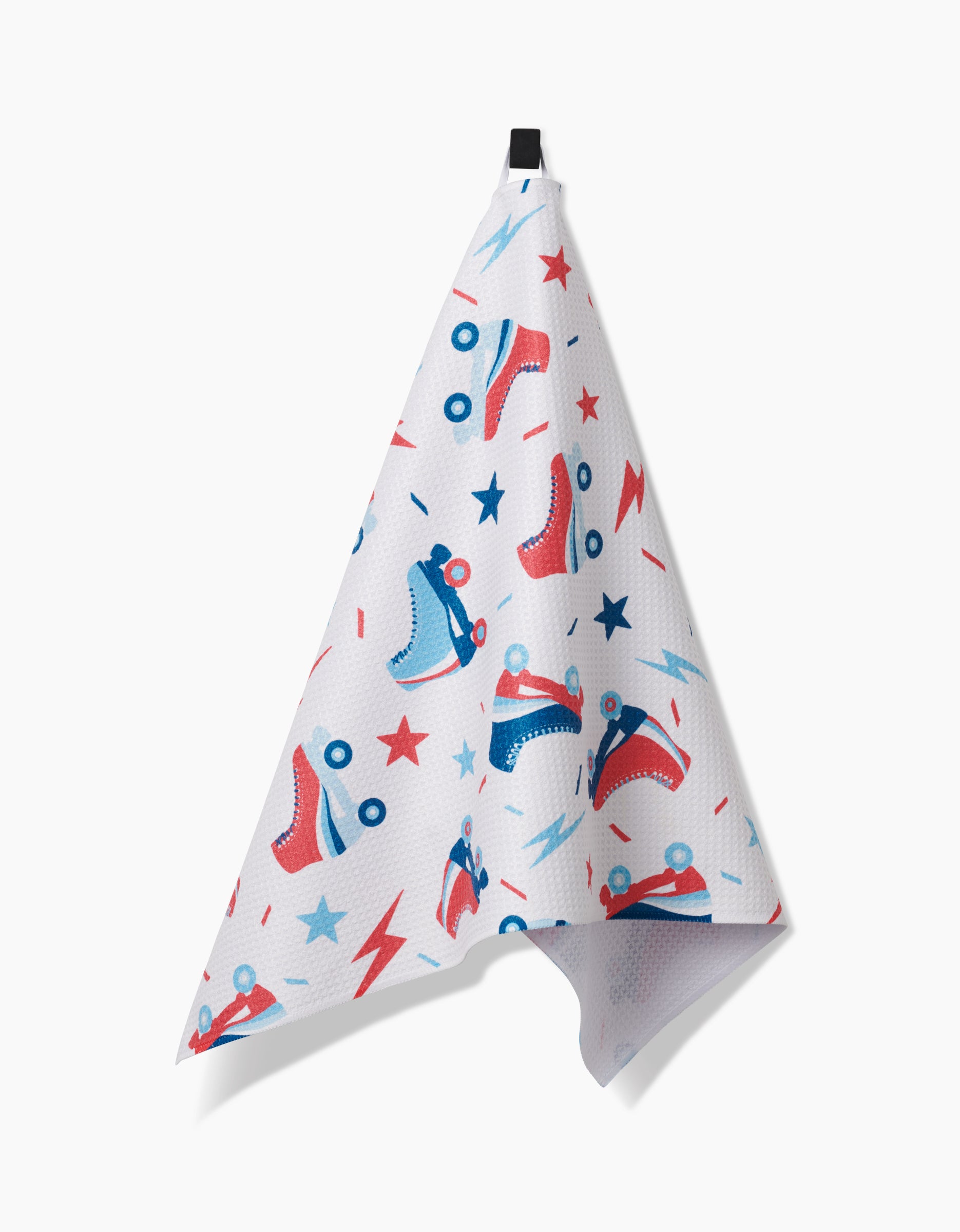 The Rolling With Stars towel by Hufton Studio features colorful roller skates, red and blue stars, and lightning bolts on ultra-absorbent Geoweave fabric, with a black hanging loop against a plain background.