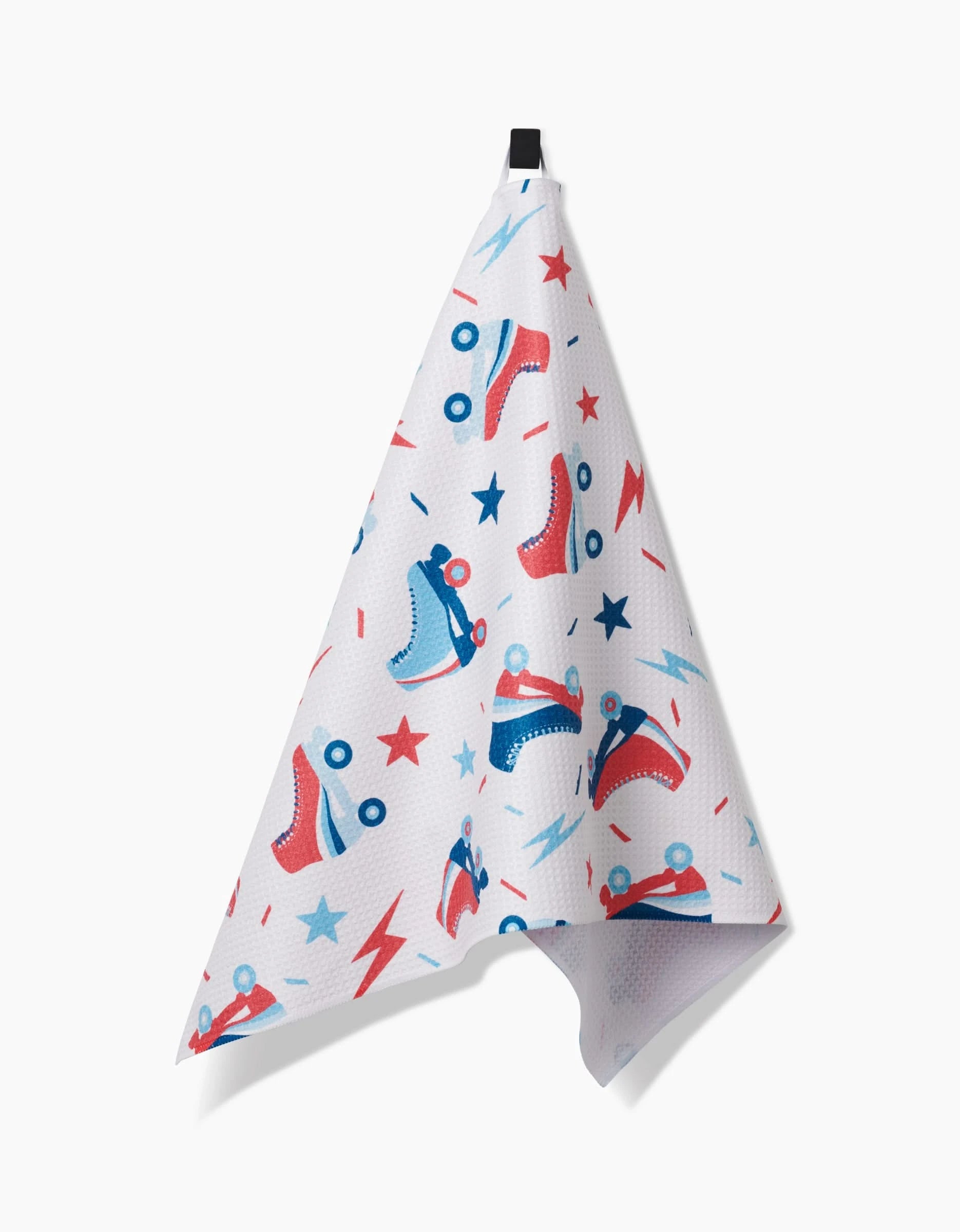 The Rolling With Stars towel by Hufton Studio features colorful roller skates, red and blue stars, and lightning bolts on ultra-absorbent Geoweave fabric, with a black hanging loop against a plain background.