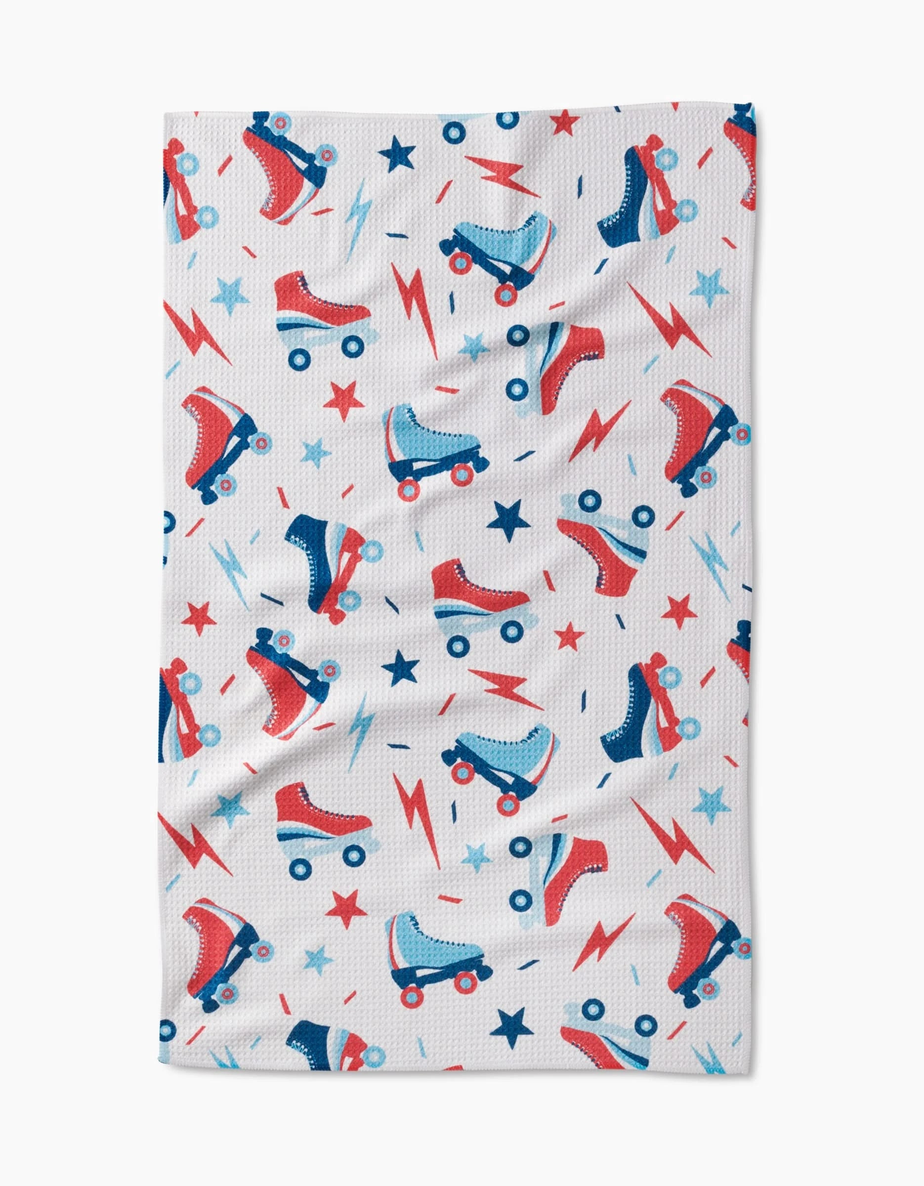 The Rolling With Stars Geoweave cloth by Hufton Studio features a white ultra-absorbent surface with vibrant red and blue roller skates, lightning bolts, and stars.